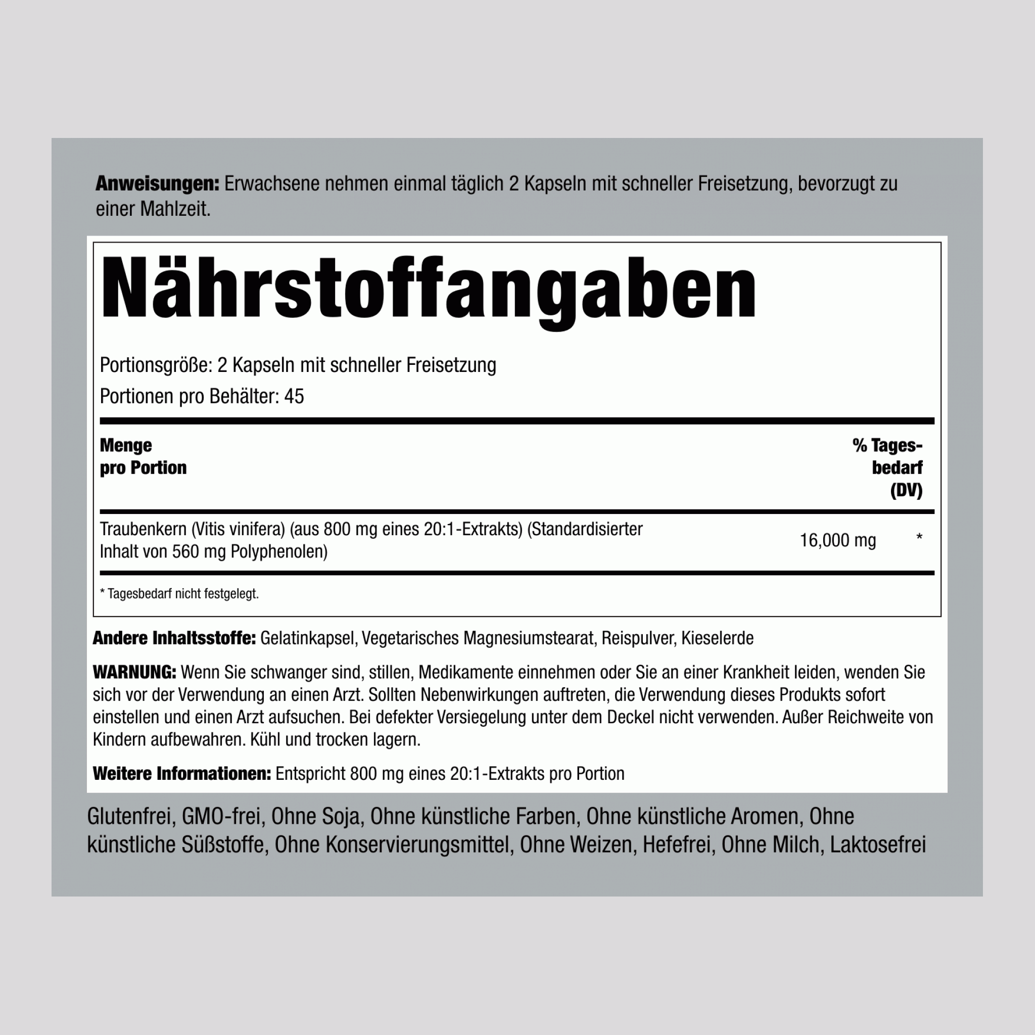 Traubenkernextrakt ,  16,000 mg (pro Portion) 90 Kapseln mit schneller Freisetzung 2 Flaschen