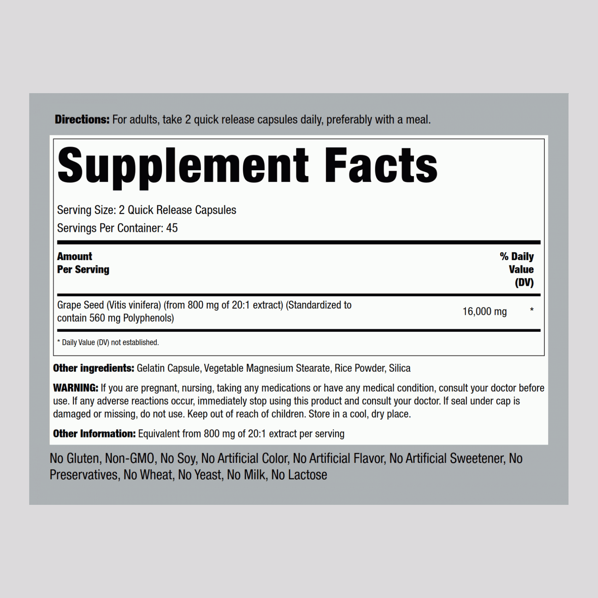 Extrait de pépins de raisin,  16,000 mg (par portion) 90 Gélules à libération rapide 2 Bouteilles