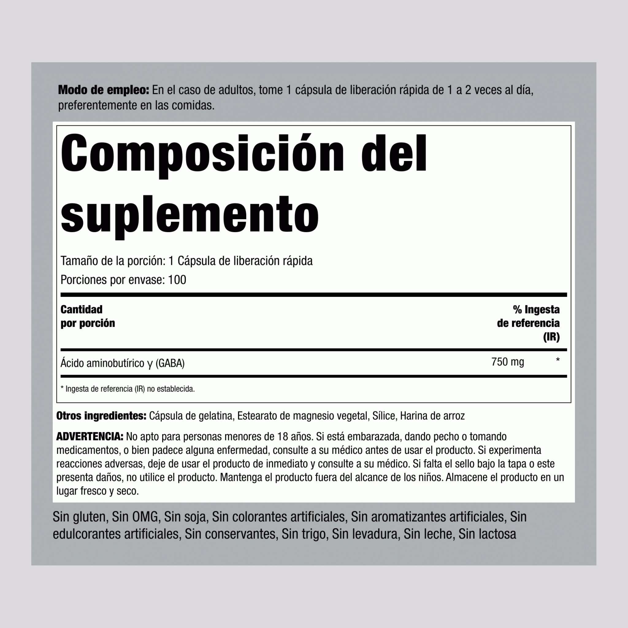 GABA (ácido gama aminobutírico) 750 mg 100 Cápsulas de liberación rápida     