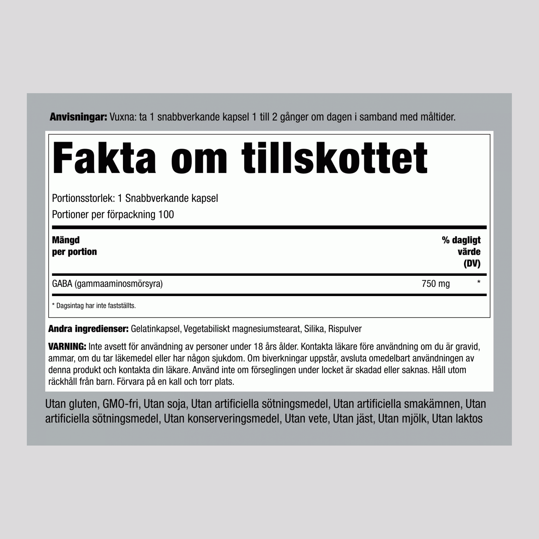 GABA (gama-aminobutrična kislina)  750 mg 100 Kapsule s hitrim sproščanjem 2 Steklenice  