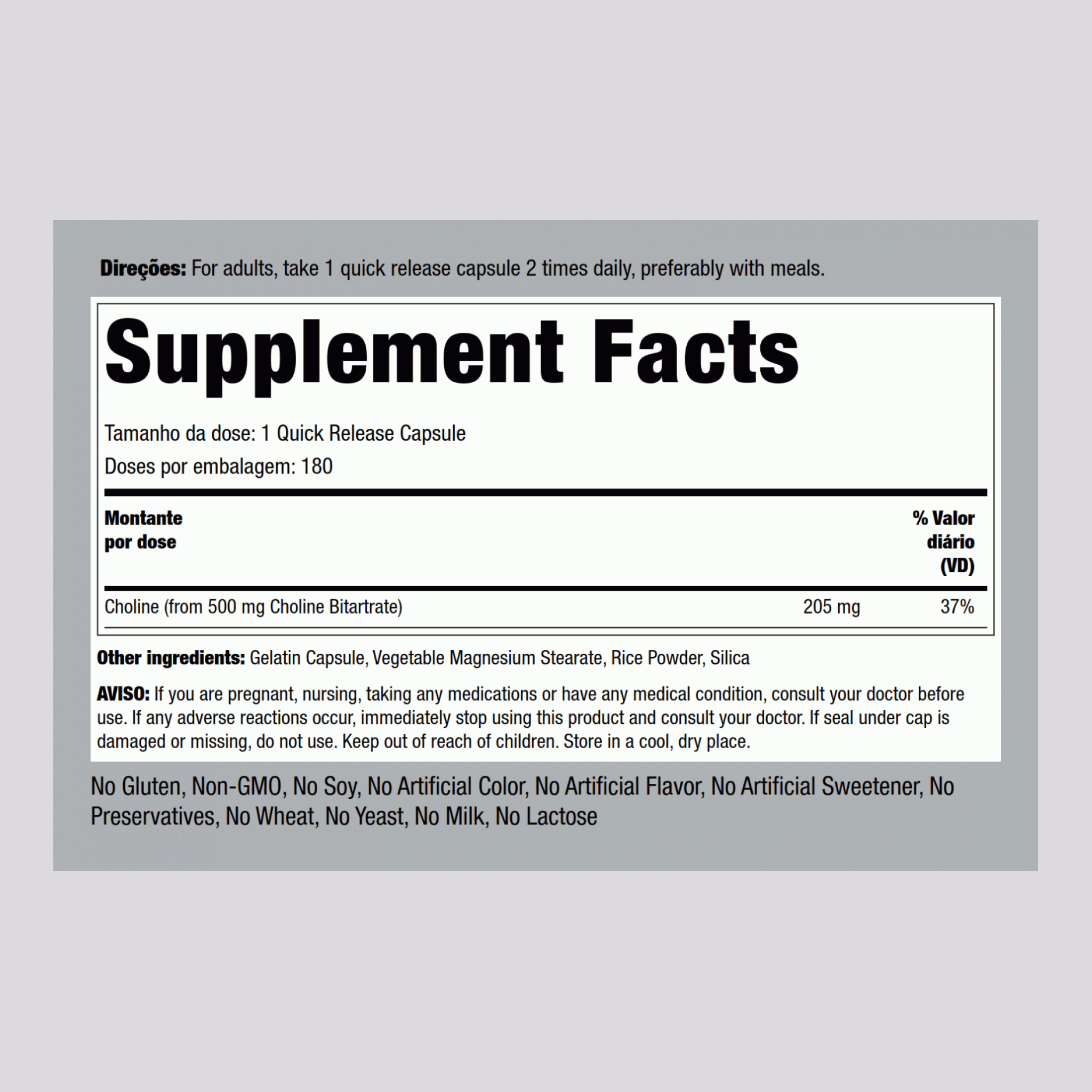 Colina  500 mg 180 Cápsulas de Rápida Absorção     