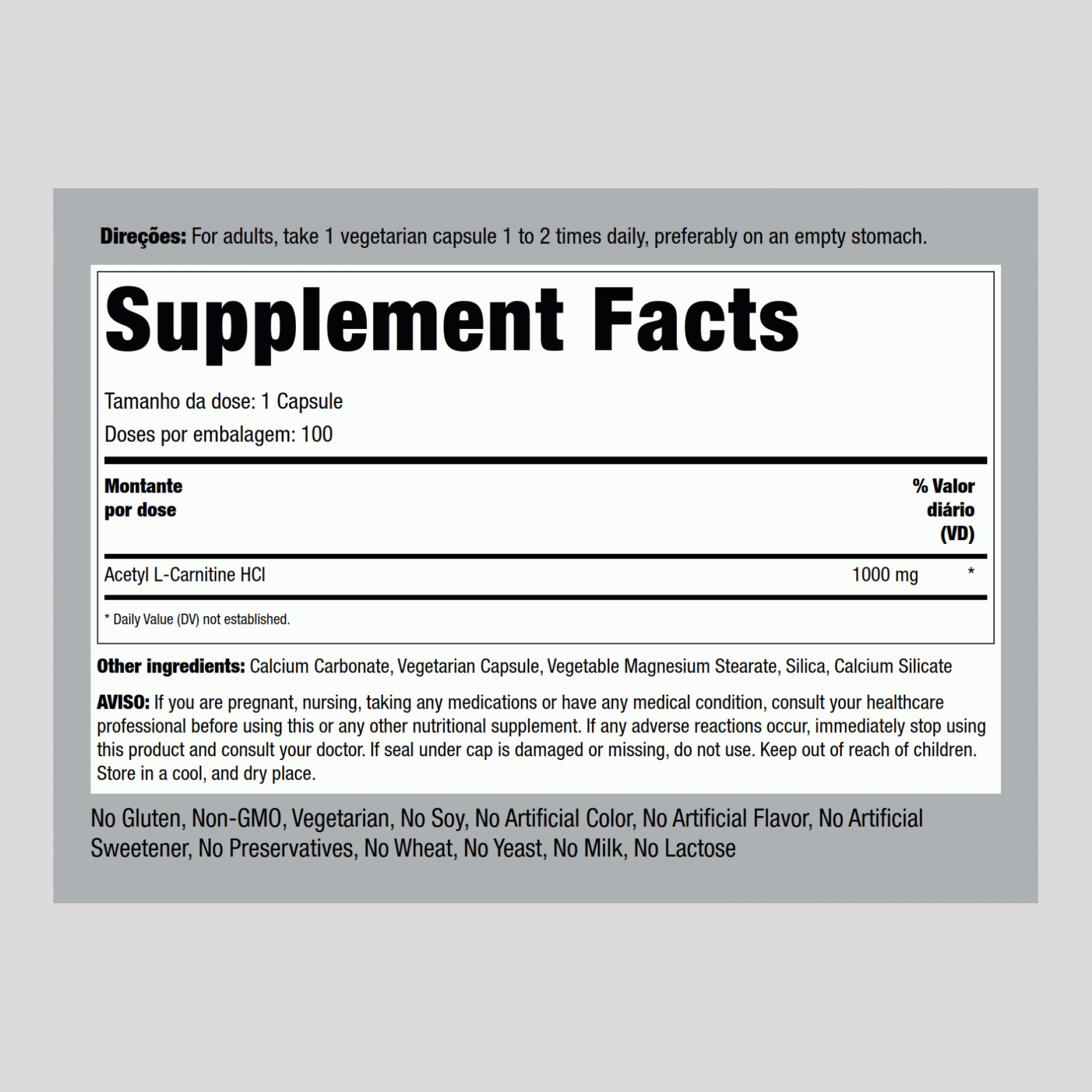 Acetil L-carnitina  1000 mg 100 Cápsulas vegetarianas     