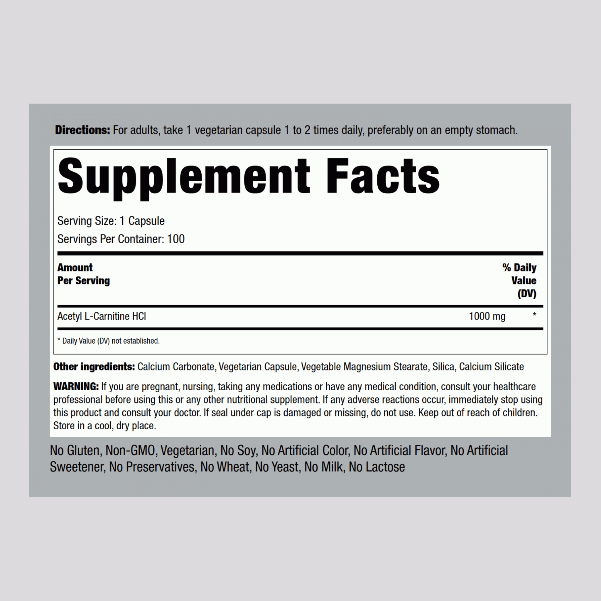 乙醯左旋肉堿  1000 mg 100 素食專用膠囊     