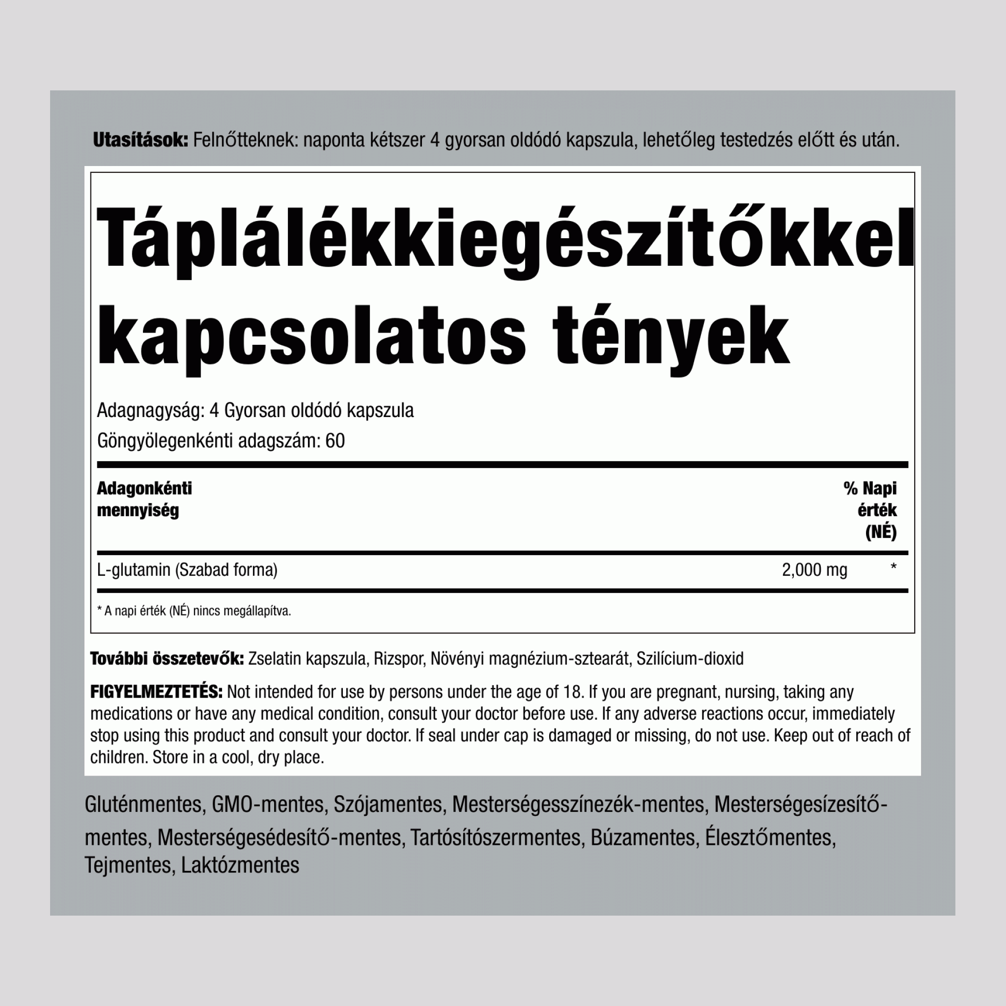 L-glutamin 2000 mg (adagonként) 240 Gyorsan oldódó kapszula     