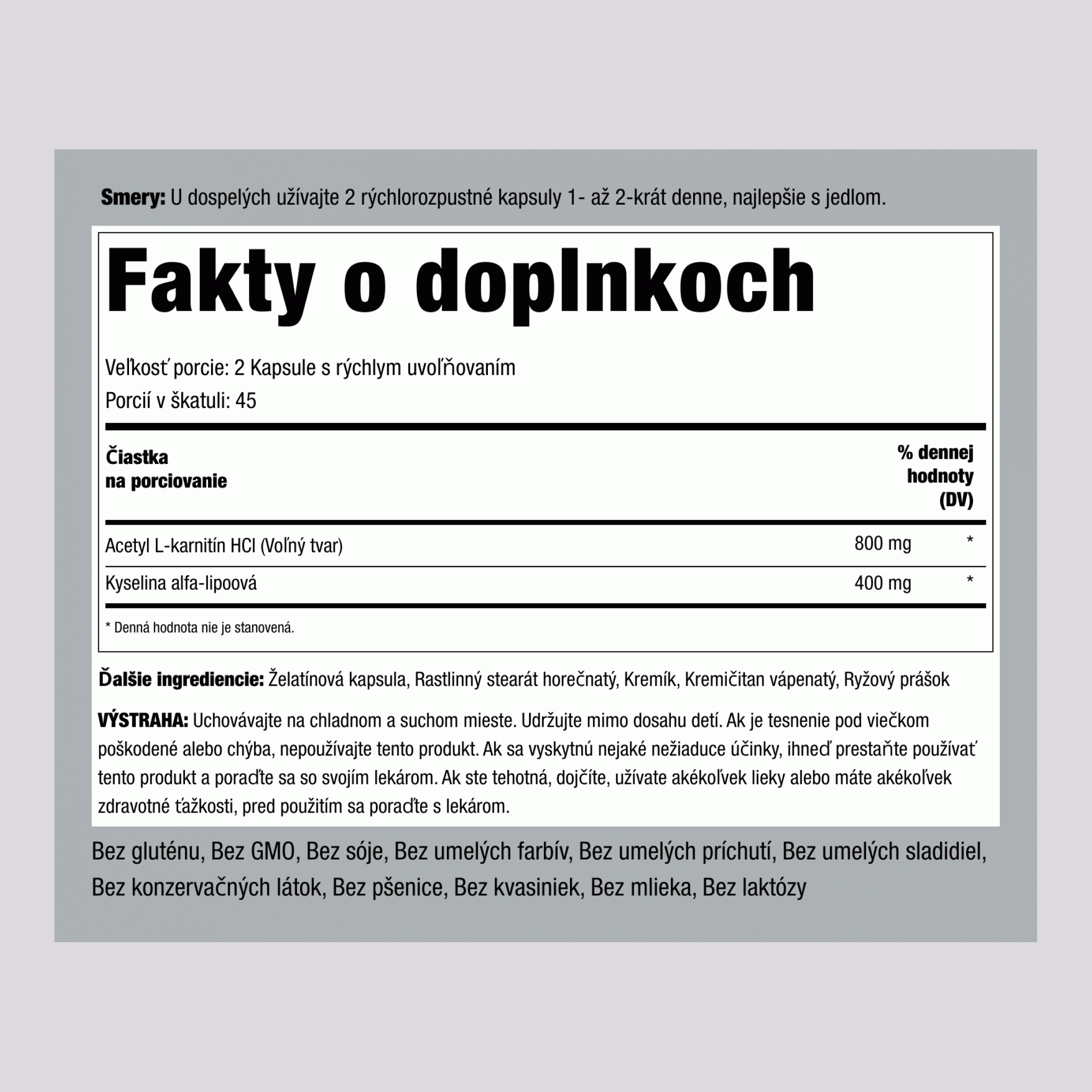 Acetyl L-Carnitine 800 mg a kyselina alfa lipoová 400 mg,  90 Kapsule s rýchlym uvoľňovaním