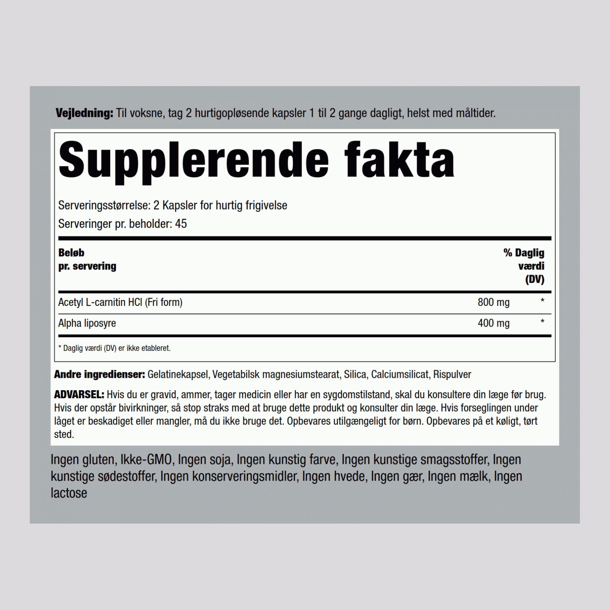 Acetil L-carnitina 400 mg y ácido alfa-lipótico 200 mg 90 Cápsulas de liberación rápida       