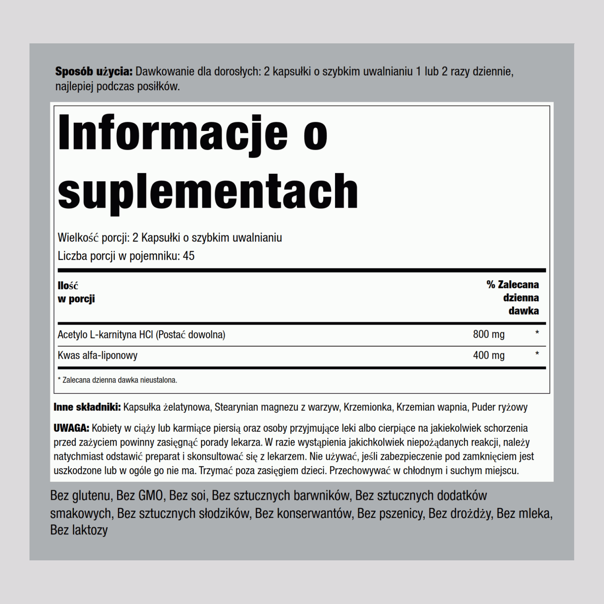 Acetil L-carnitina 400 mg y ácido alfa-lipótico 200 mg 90 Cápsulas de liberación rápida       