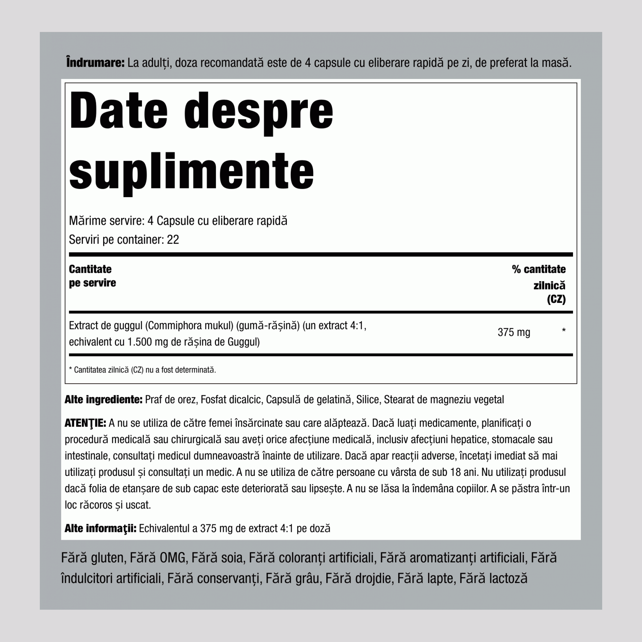 Extract de guggul 1500 mg (per porție) 90 Capsule cu eliberare rapidă