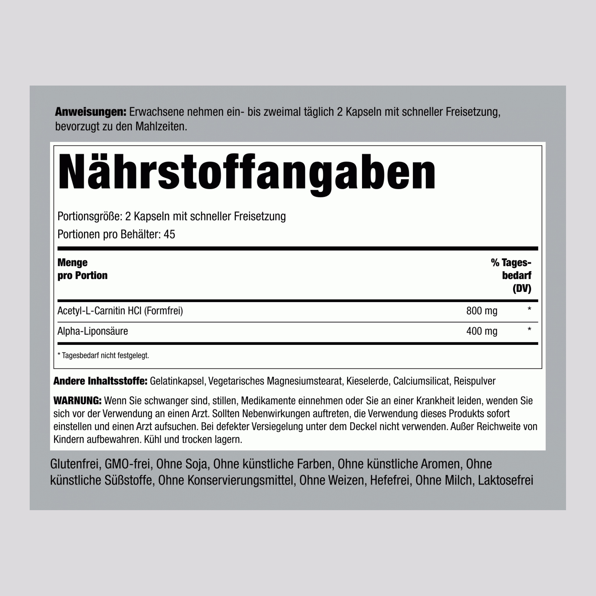 Acetyl L-Carnitin, 800 mg, u. Alpha-Liponsäure, 400 mg,  90 Kapseln mit schneller Freisetzung 2 Flaschen