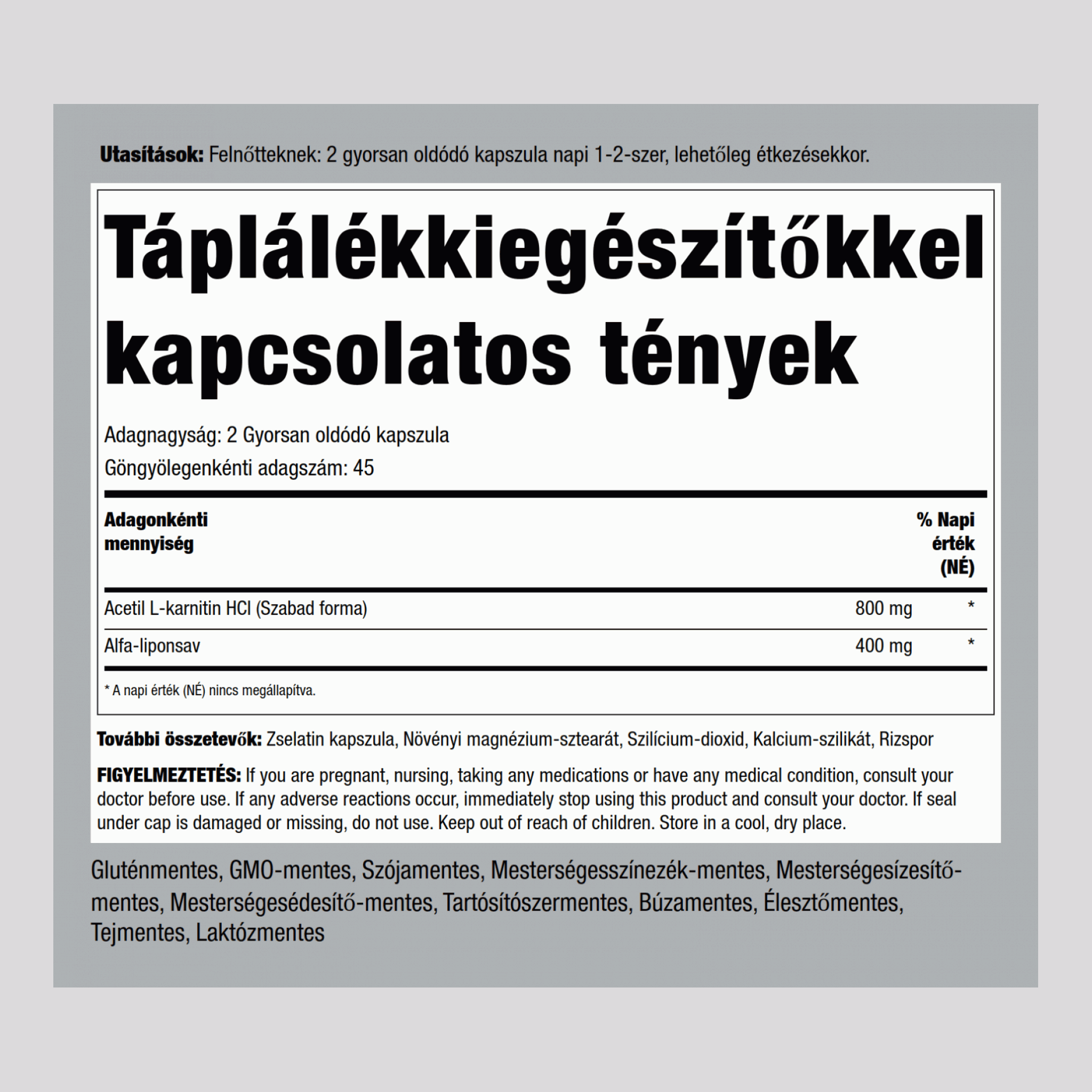 Acétyle L-Carnitine 800 mg et acide alpha-lipoïque 400 mg,  90 Gélules à libération rapide 2 Bouteilles