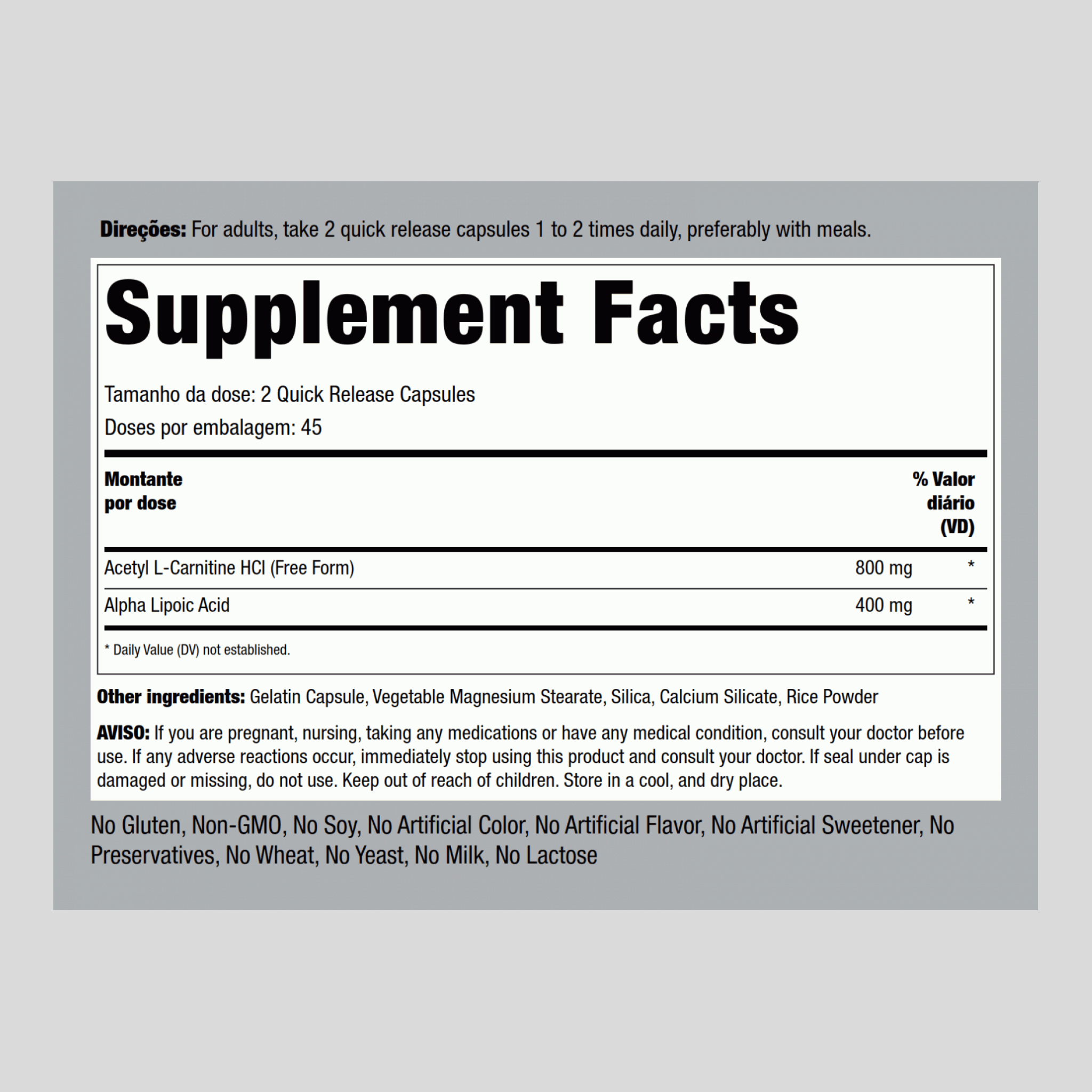 Acétyle L-Carnitine 800 mg et acide alpha-lipoïque 400 mg,  90 Gélules à libération rapide 2 Bouteilles