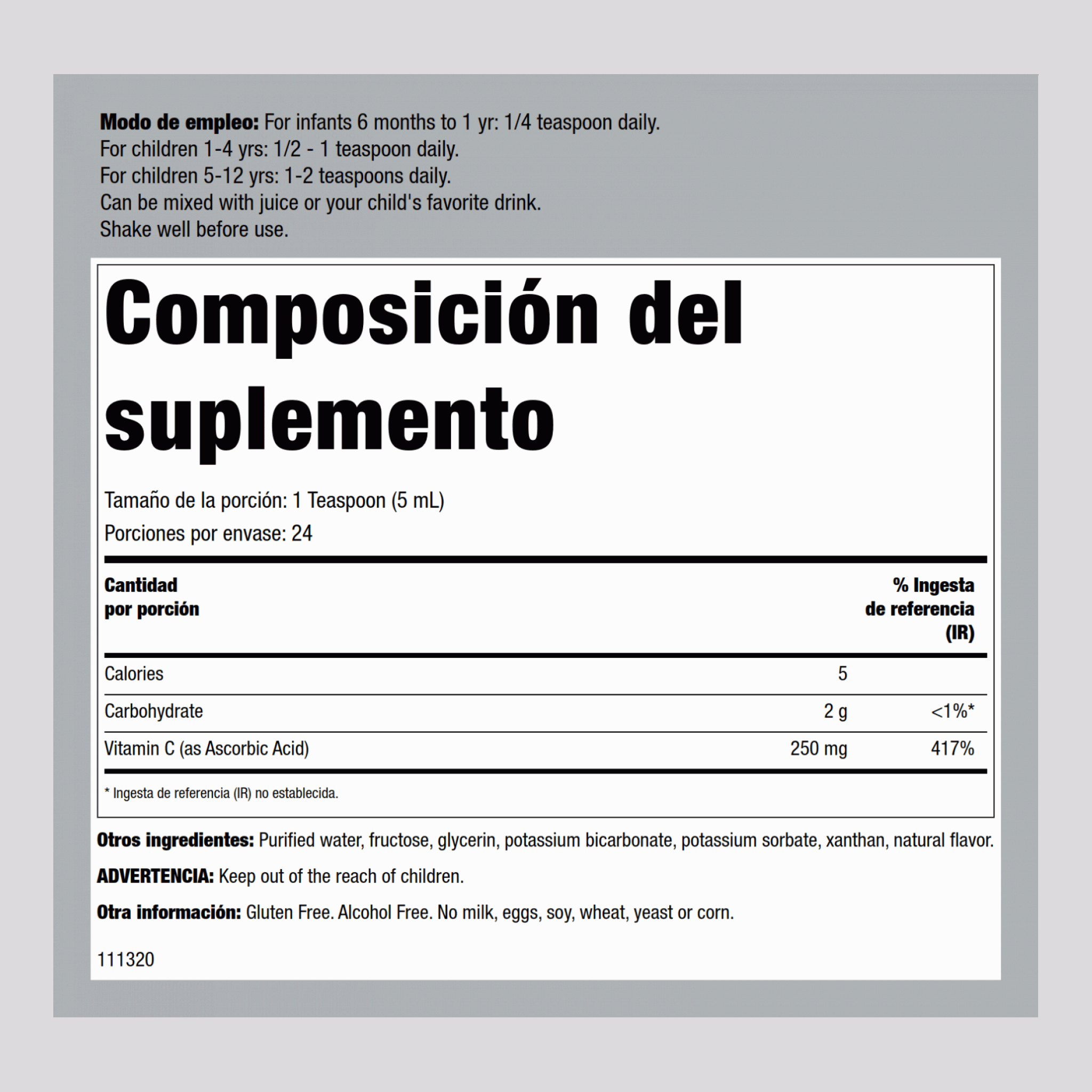 Vitamina C líquida para niños (sabor naranja) 4 fl oz 118.5 mL Botella/Frasco    