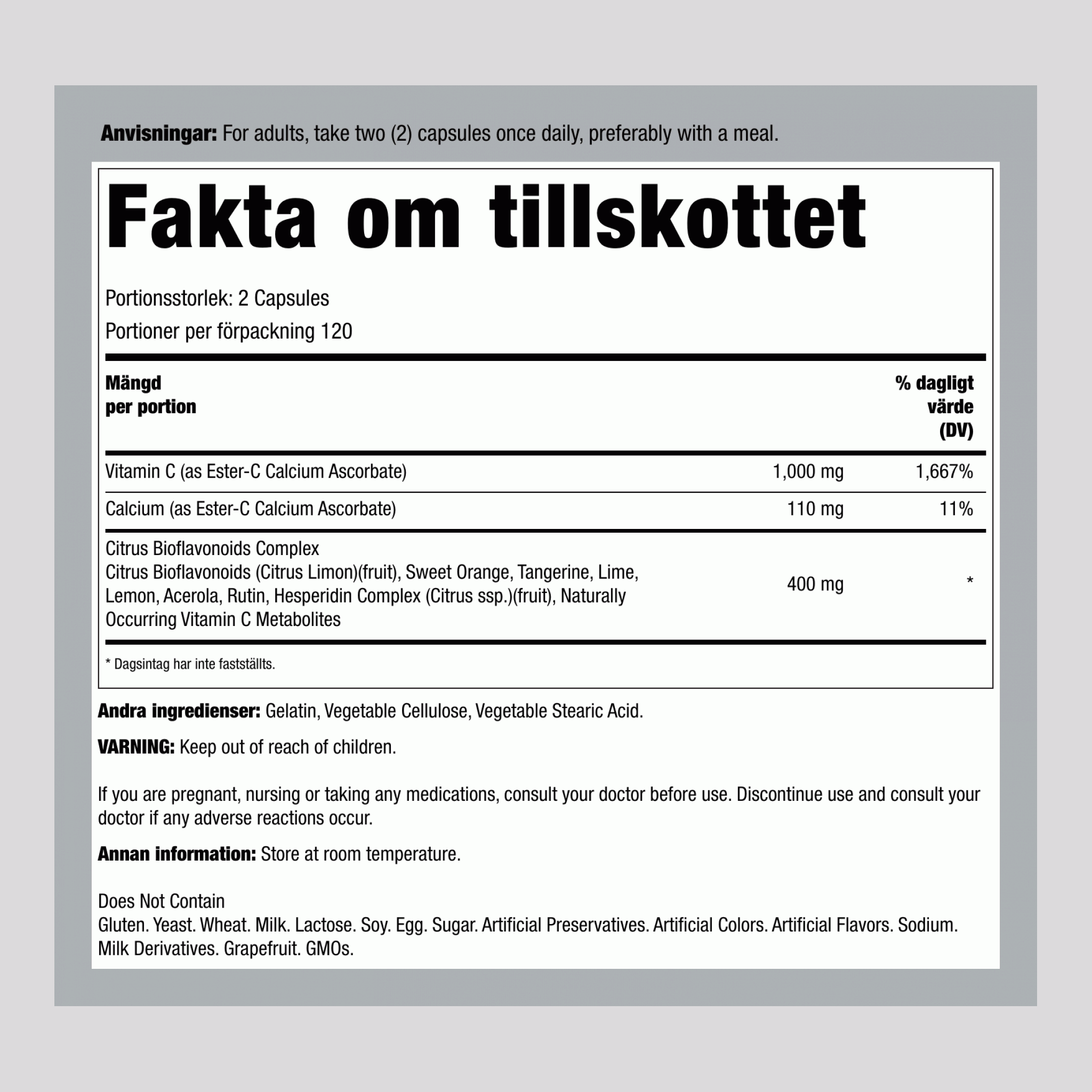 Ester C med citrus-bioflavonoider 500 mg 240 Kapslar     