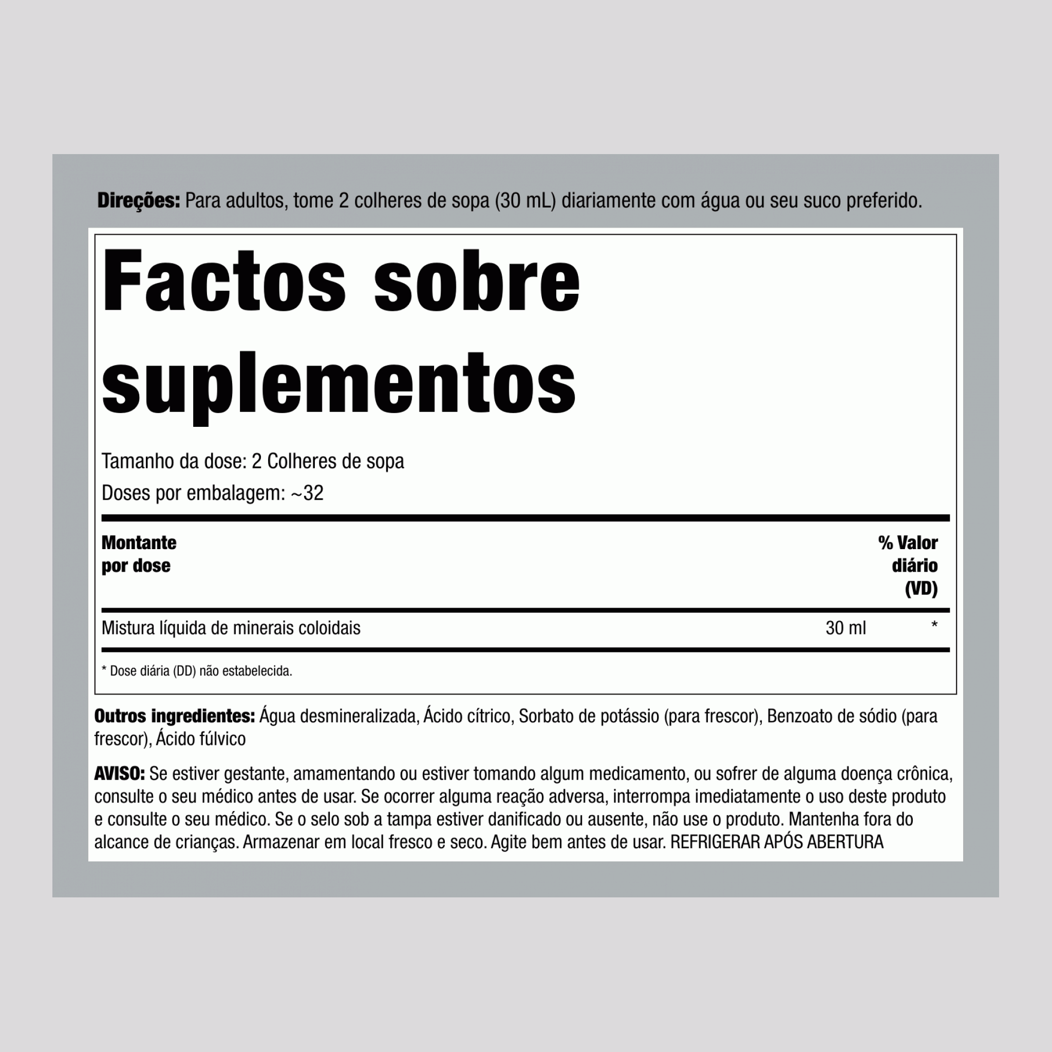 Minerais coloidais (não aromatizados) 32 fl oz 946 ml Frasco    