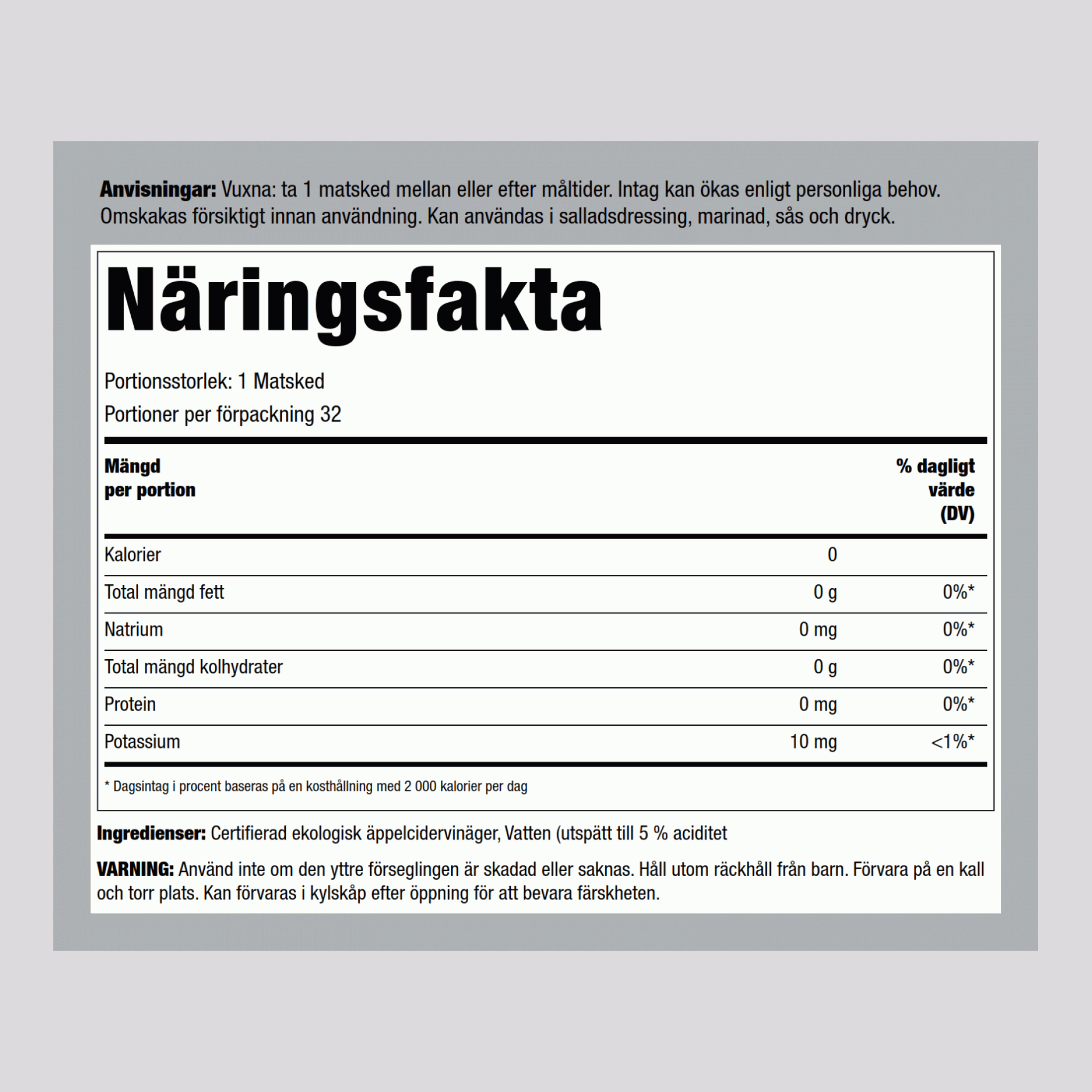 Äppelcidervinäger inga tillsatser (Organiskt) 16 fl oz 473 ml Flaska    