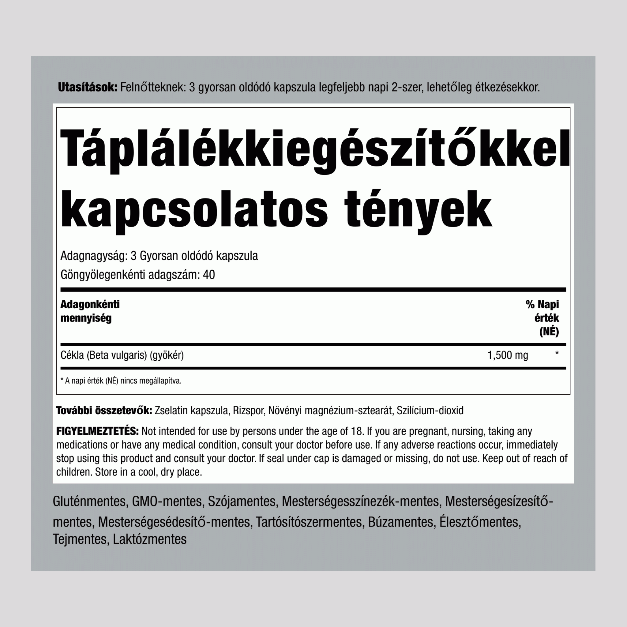 Cékla 1500 mg (adagonként) 120 Gyorsan oldódó kapszula     
