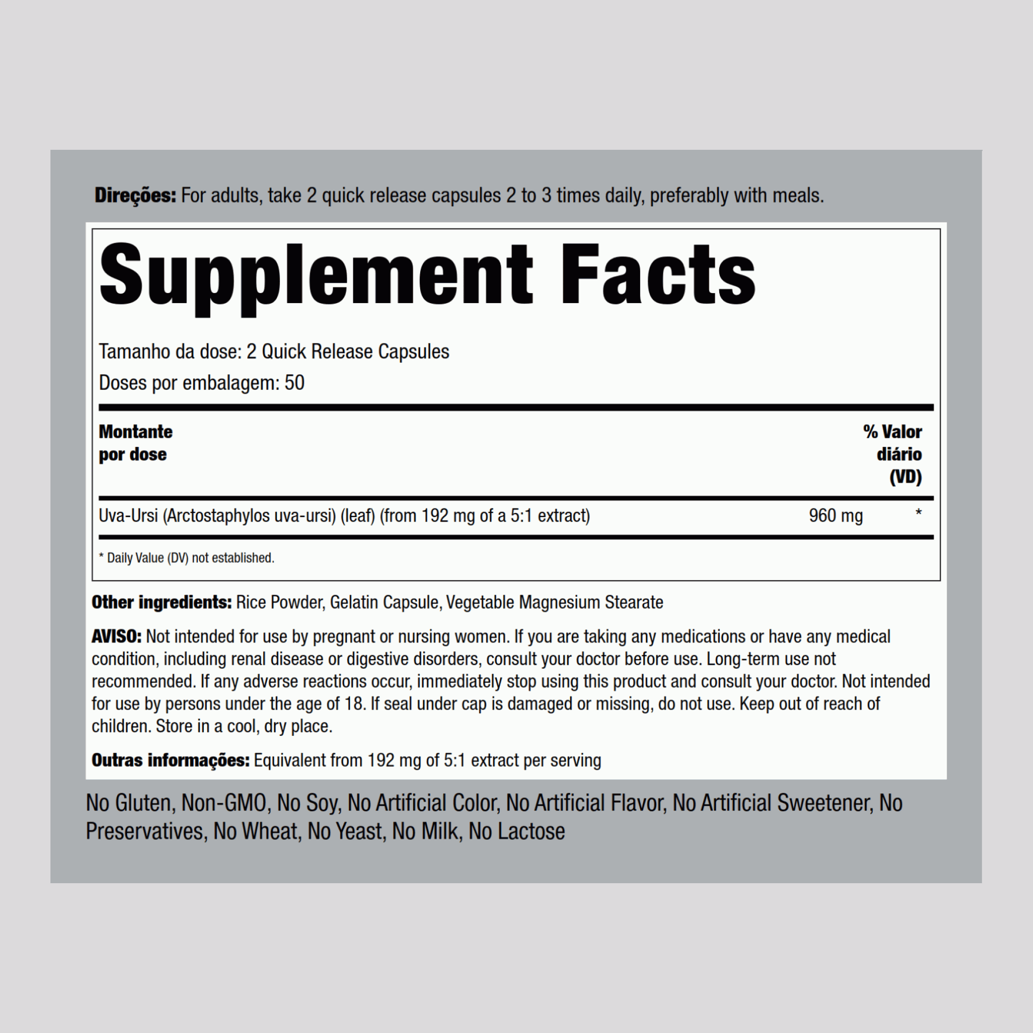 Folhas de uva ursi (uva ursina) 960 mg (por dose) 100 Cápsulas de Rápida Absorção     