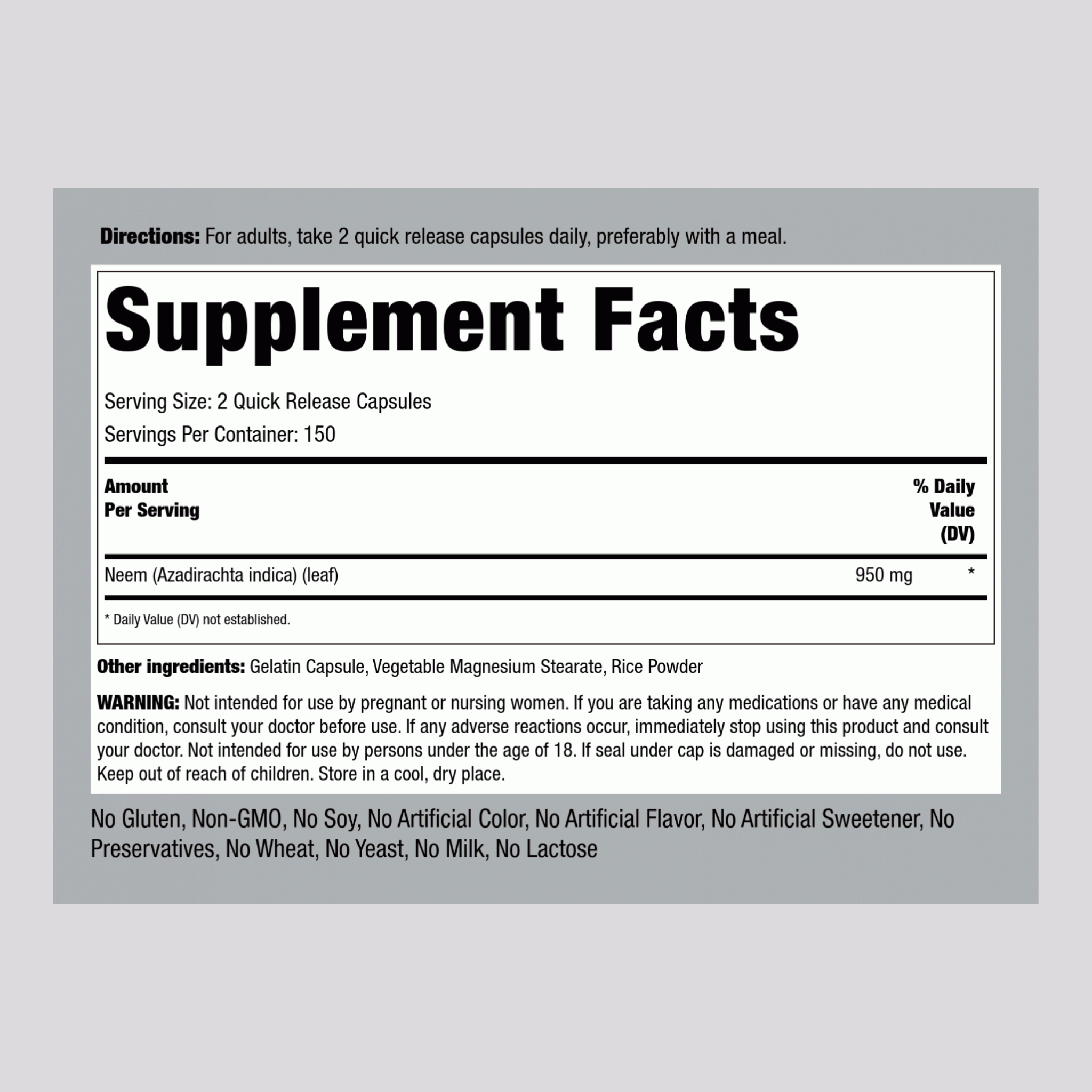 Neem Leaf, 950 mg (per serving), 300 Quick Release Capsules