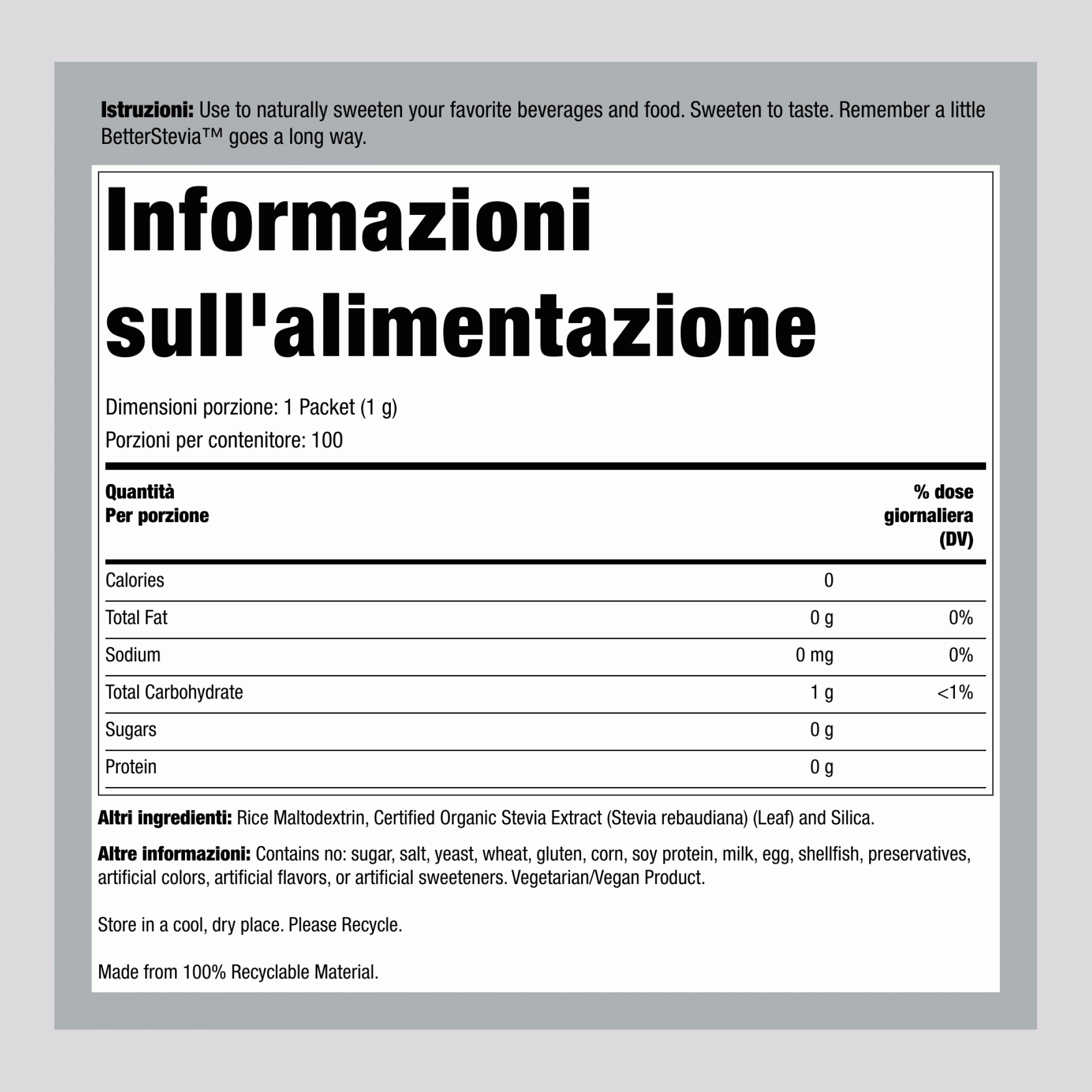 Stevia migliorata (originale) 100 pacchetti 3.5 oz 100 g Scatola    