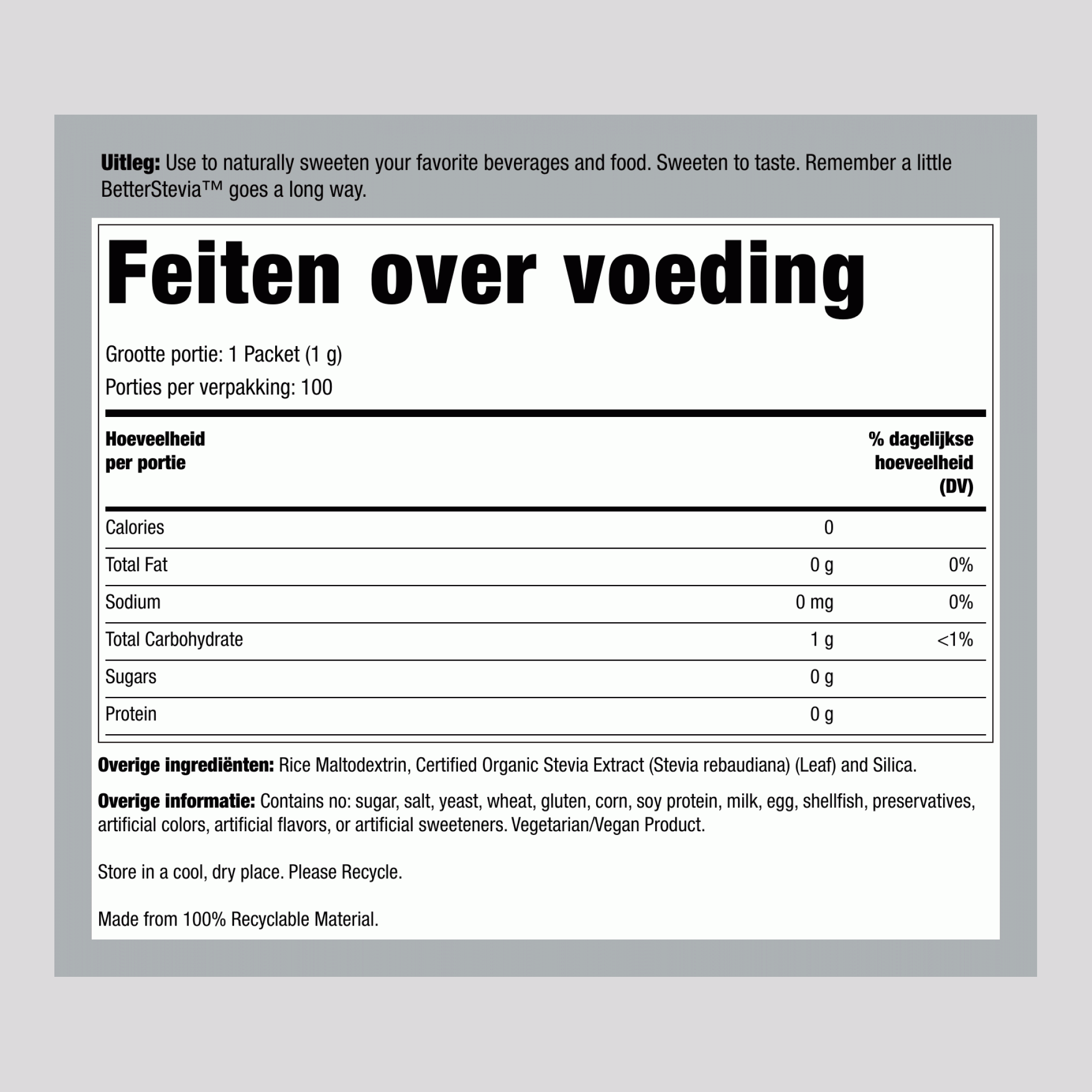 Betere stevia (origineel) 100 zakjes 3.5 oz 100 g Doos    