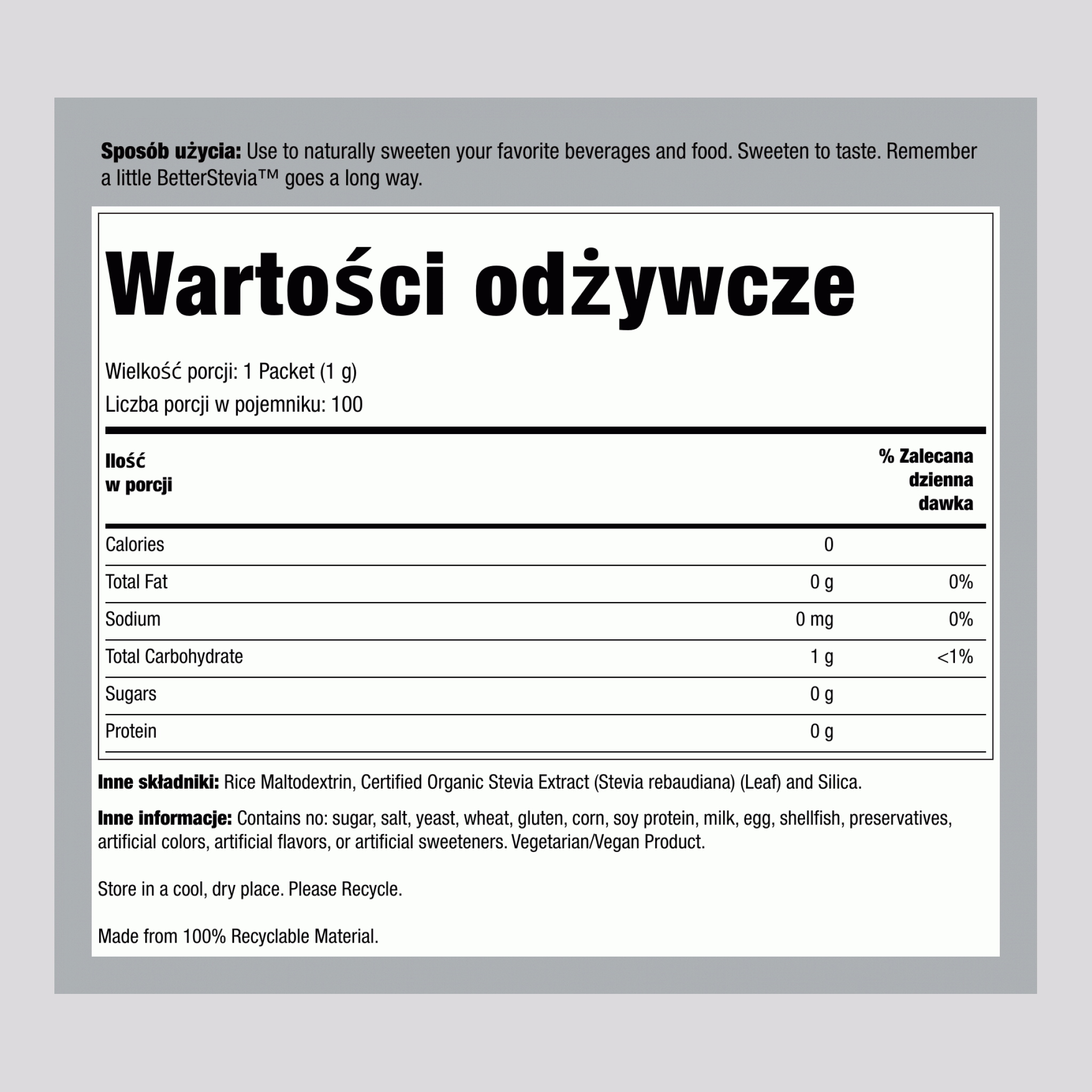 Better Stevia (oryginalna) 100 saszetek 3.5 uncja 100 g Pudełko    