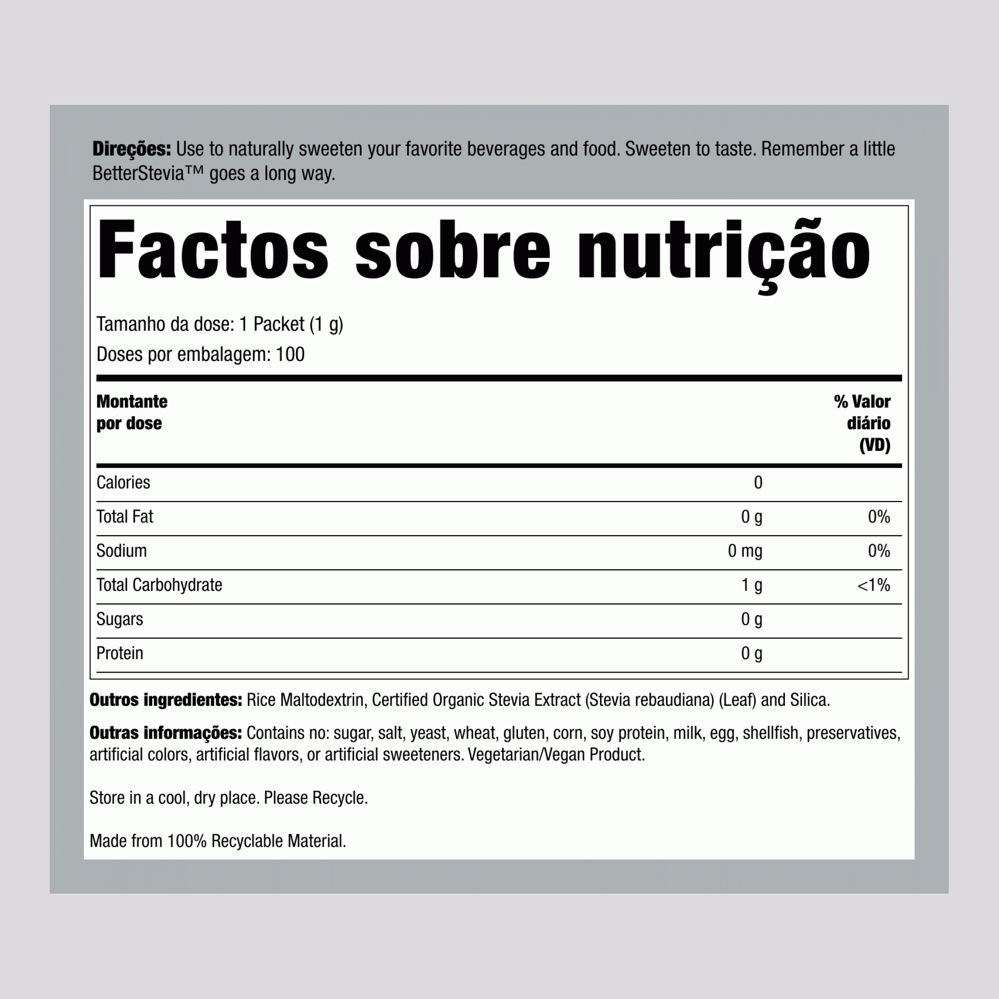 Better Stevia (original) 100 sachês 3.5 oz 100 g Caixa    