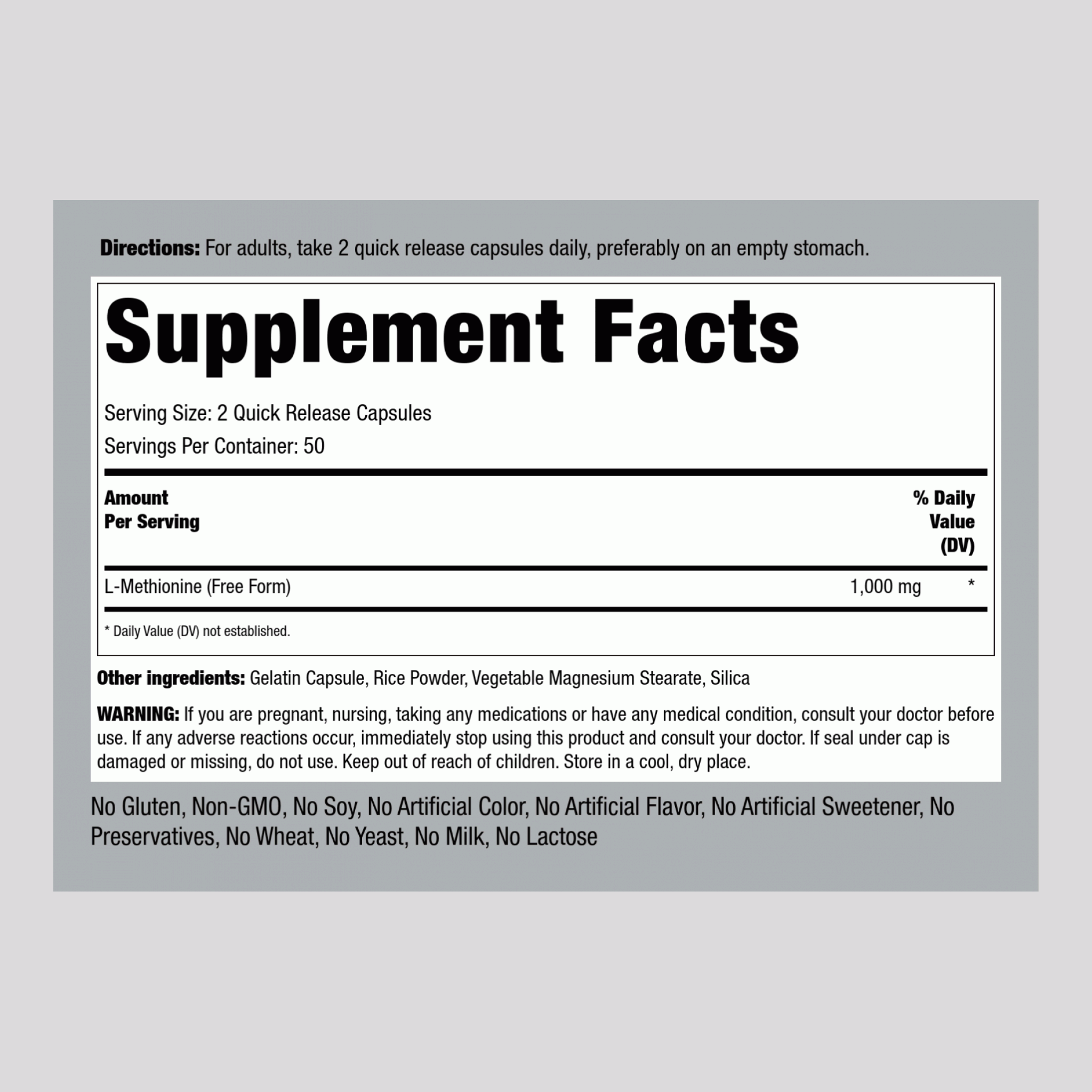 L-Methionine, 1000 mg (per serving), 100 Quick Release Capsules