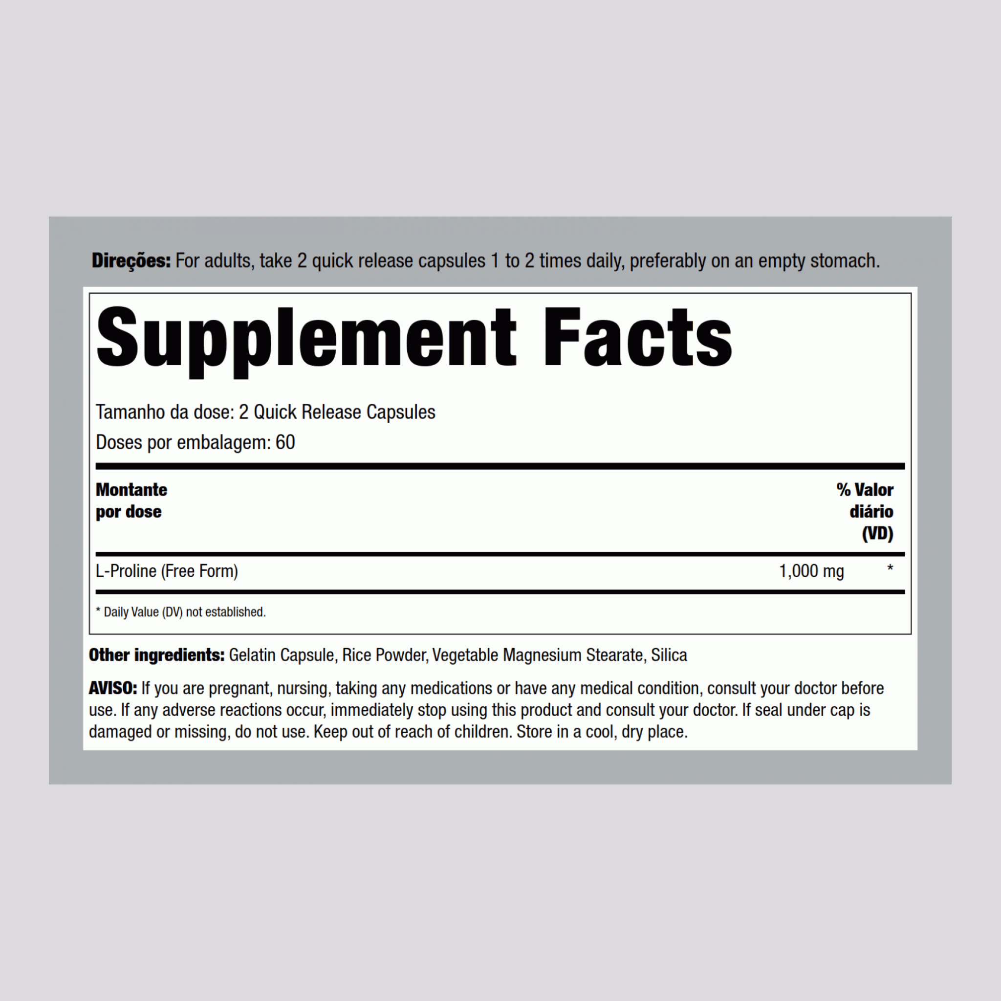L-prolina  1000 mg (por dose) 120 Cápsulas de Rápida Absorção     