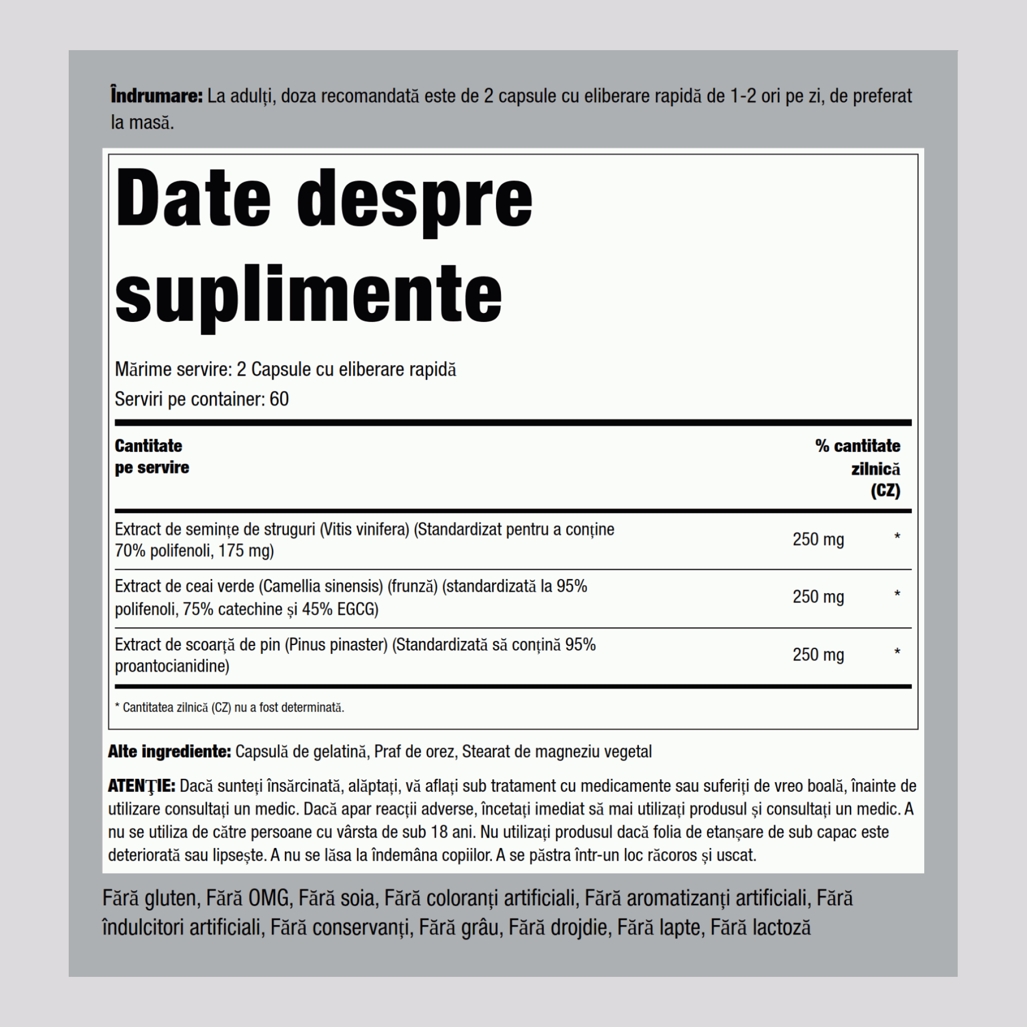 Complex standardizat de seminţe de struguri, ceai verde şi coajă de pin 120 Capsule cu eliberare rapidă       