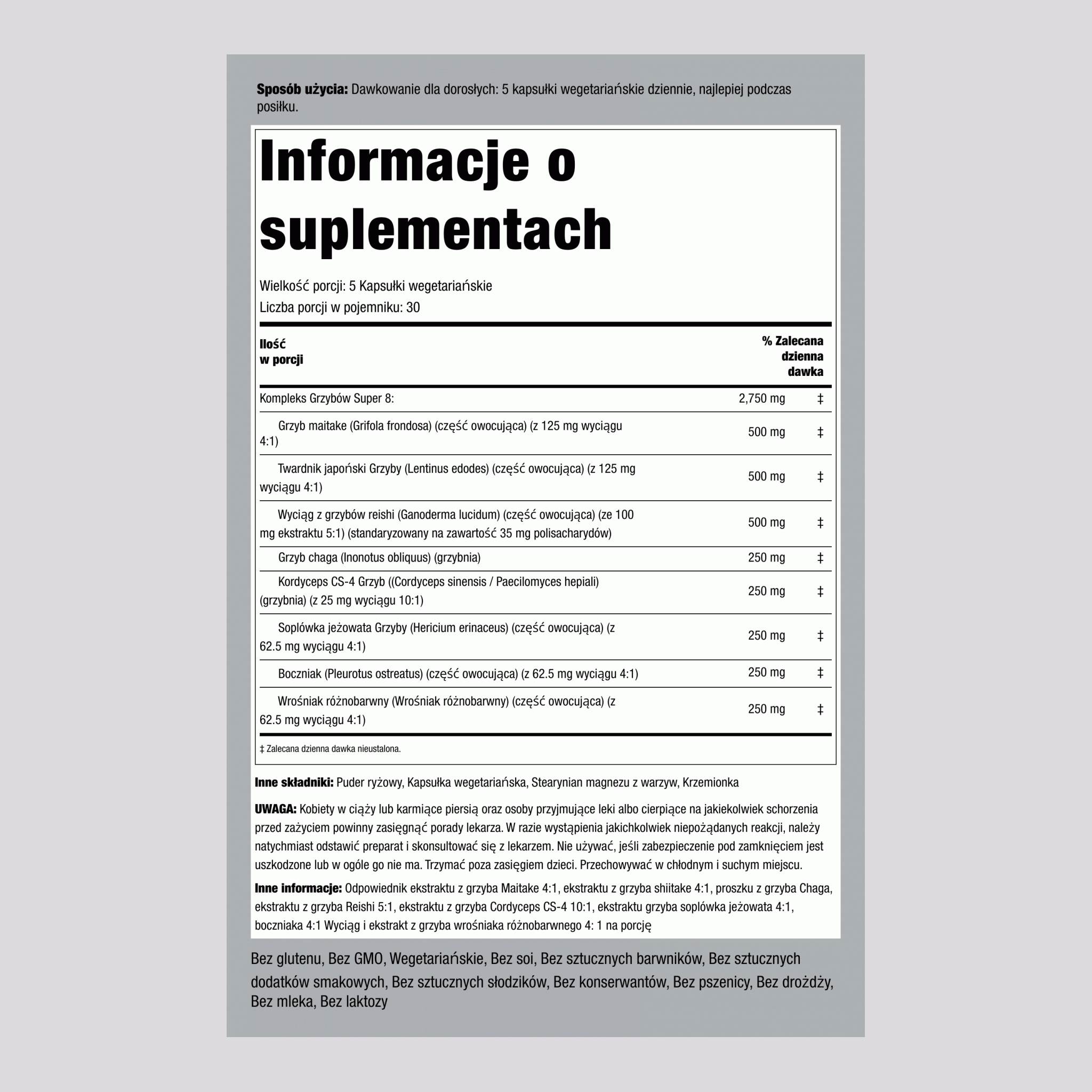 Kompleks 8 Grzybów, 2750 mg (na porcję), 150 Kapsułek Wegetariańskich