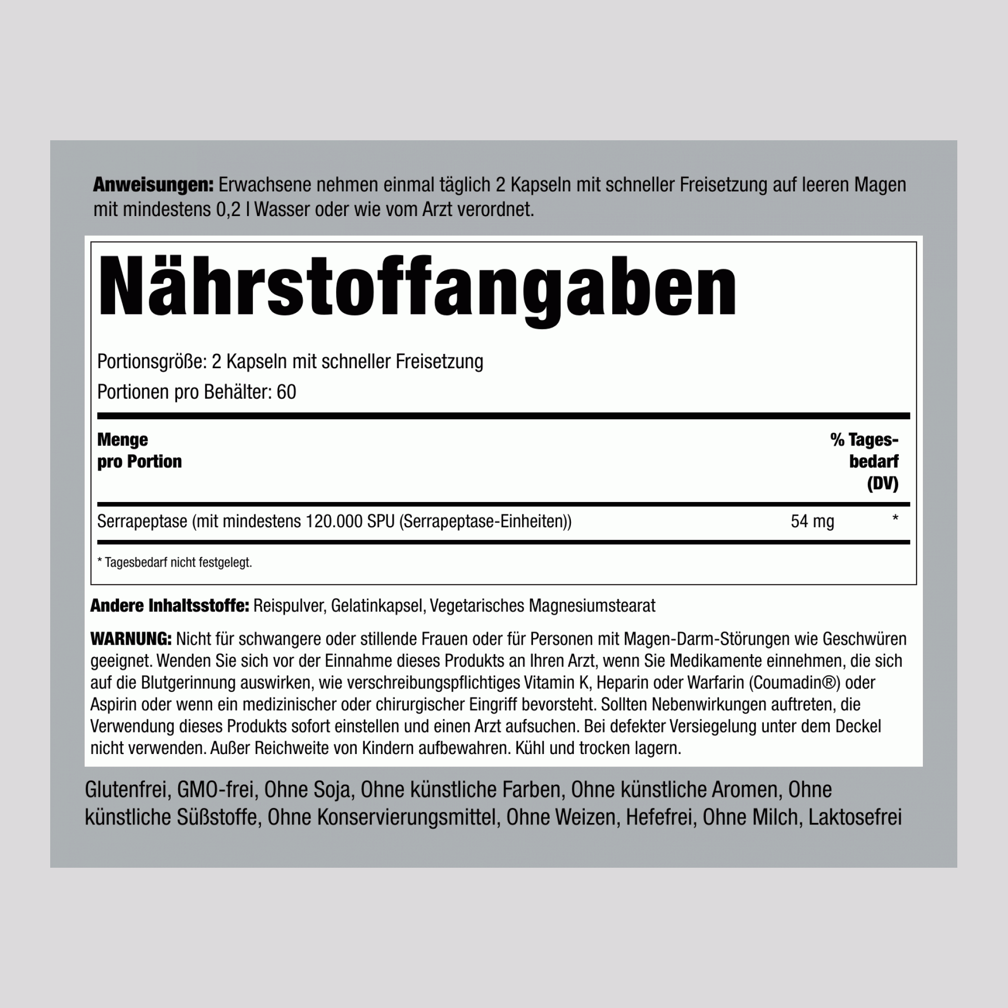 Serrapeptase 120,000 SPU 120 Kapseln mit schneller Freisetzung     