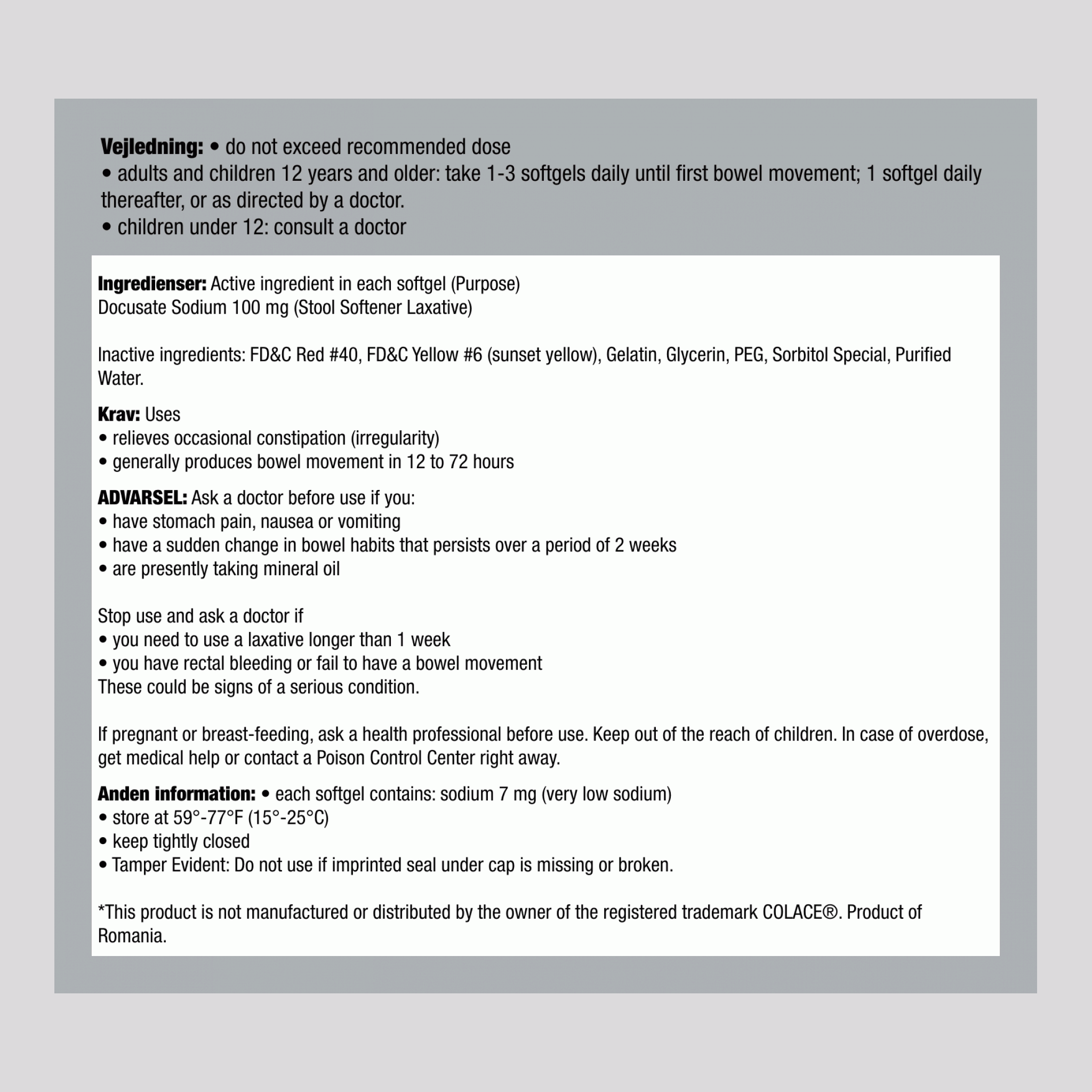 Afføringsmiddel med docusatnatrium 100 mg Sammenlign med Colace 100 Yumşaq tabletlər     