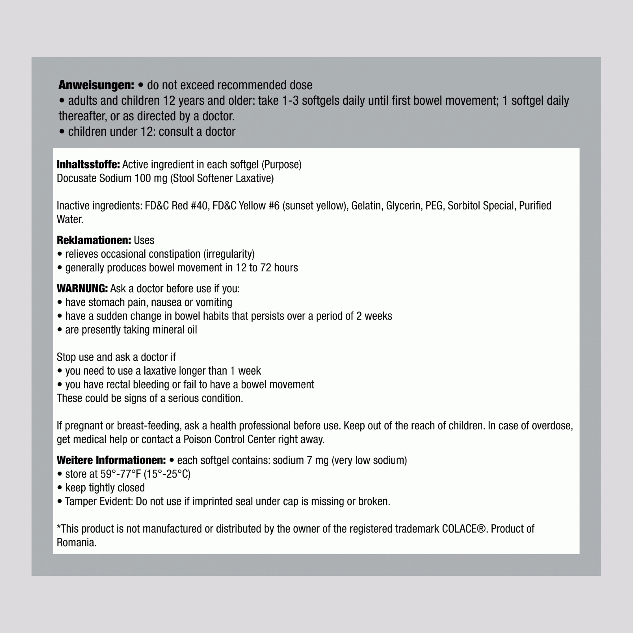 Stuhlweichmacher, Docusat-Natrium, 100 mg Vergleichen mit Colace 100 Yumşaq tabletlər     