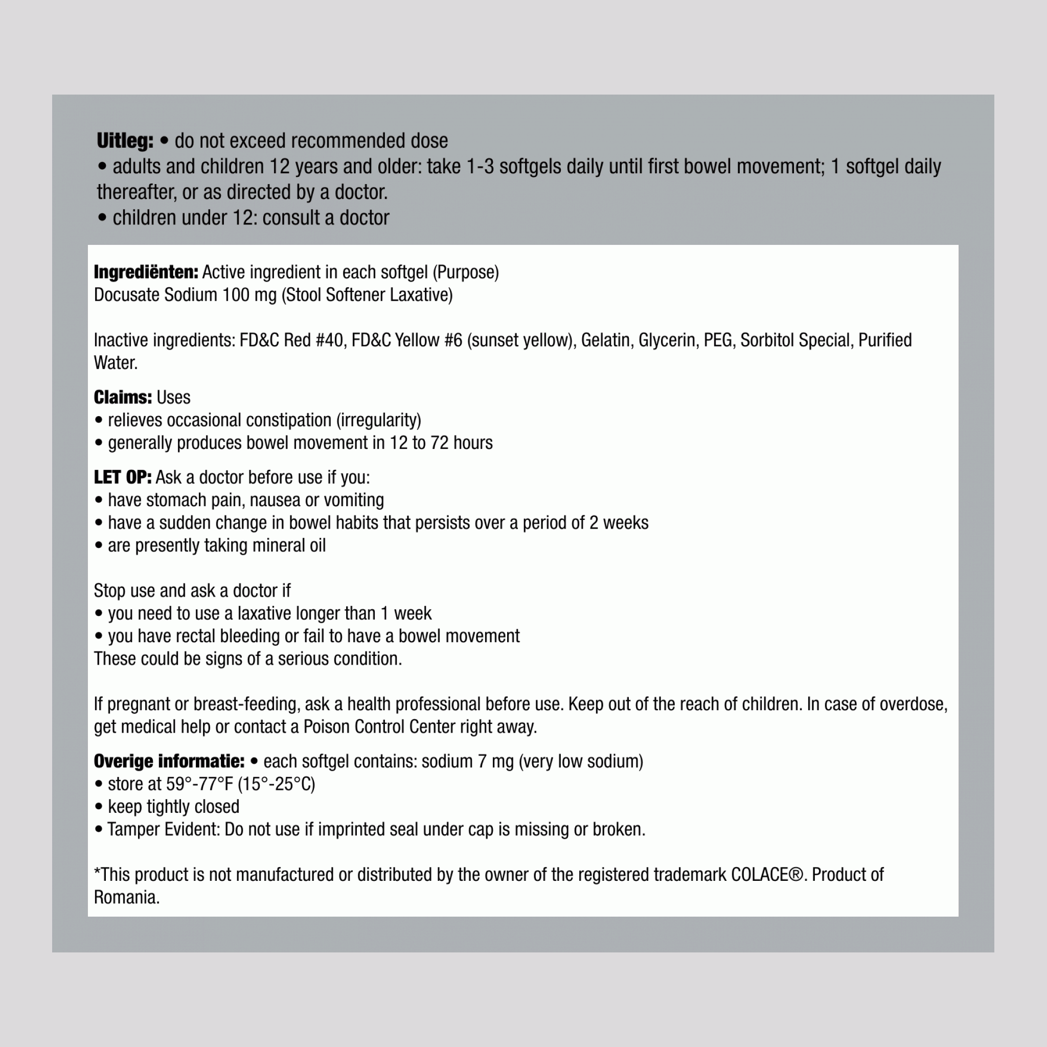 Laxeermiddel natriumdocusaat 100 mg Vergeleken met Colace 100 Yumşaq tabletlər     