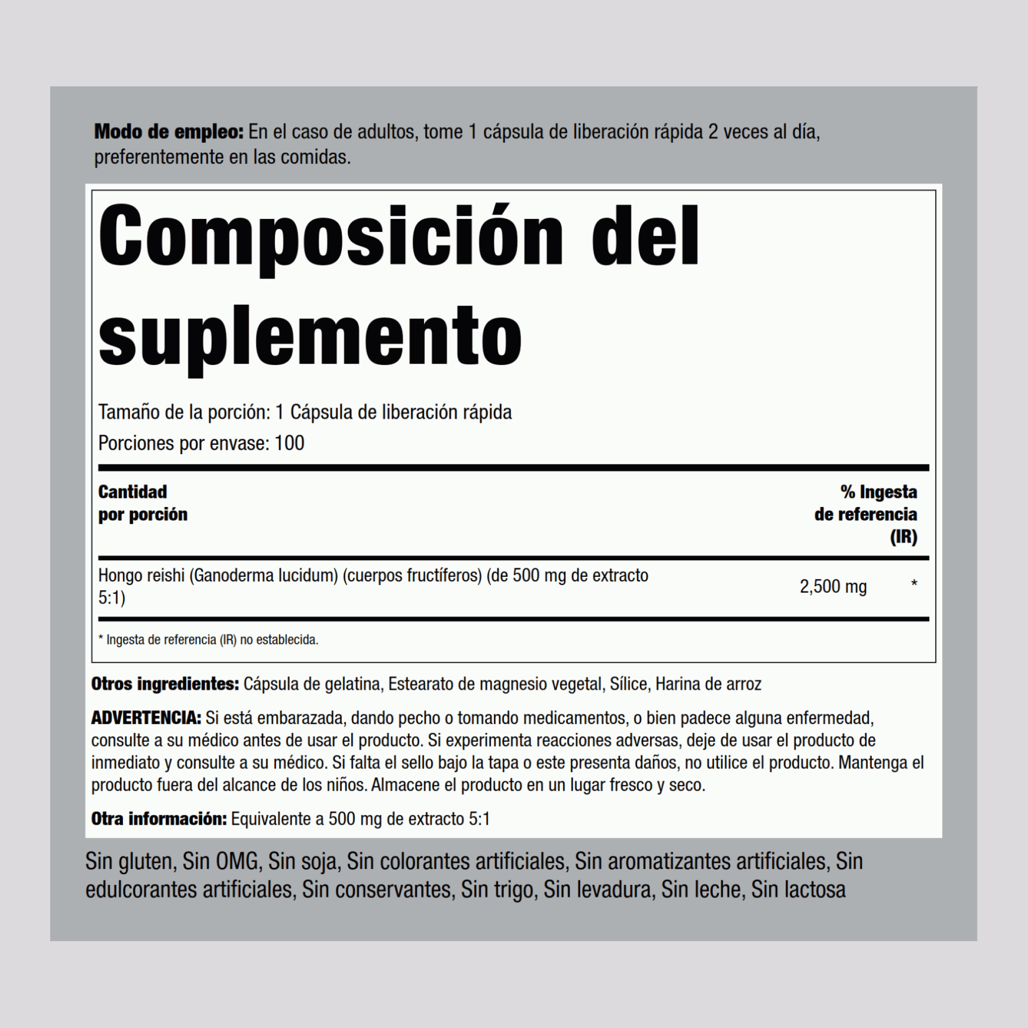 Extracto de hongo reishi (estandarizado) 2500 mg 100 Cápsulas de liberación rápida     