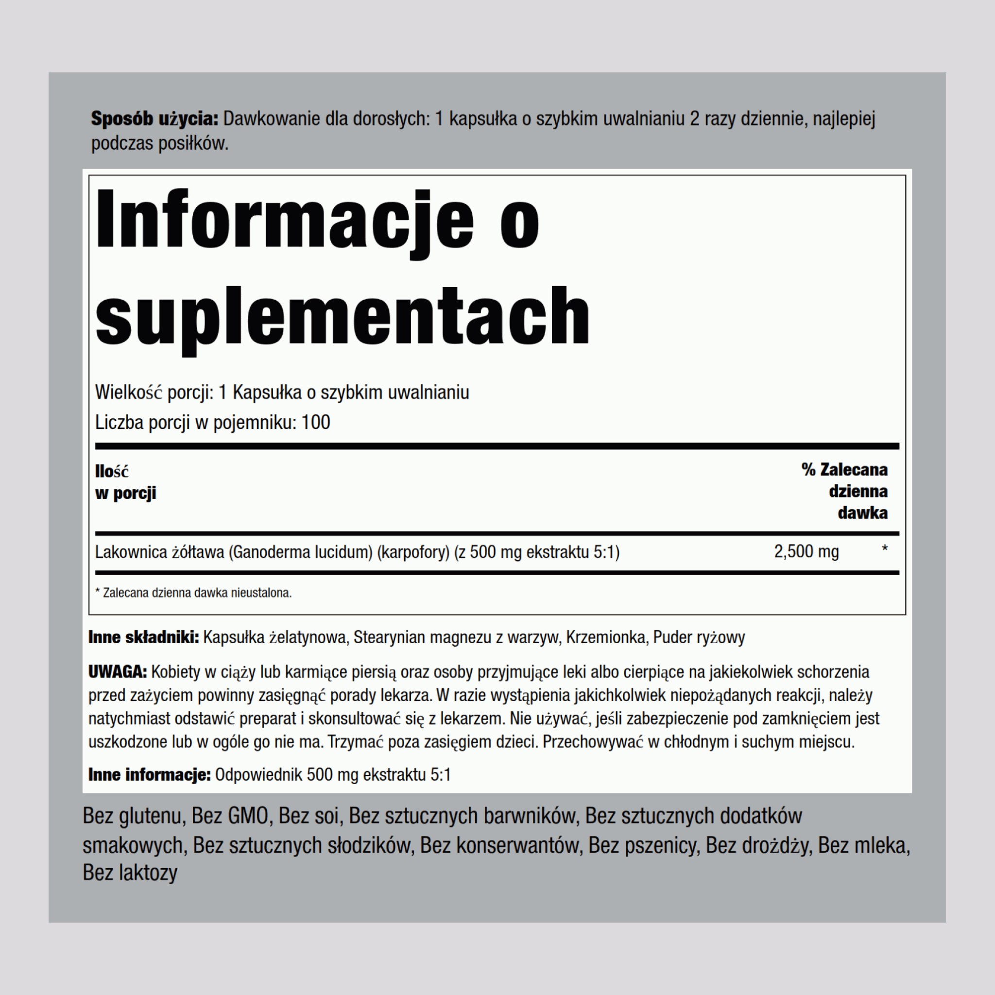 Ekstrakt z grzyba Reishi (standaryzowany) 2500 mg 100 Kapsułki o szybkim uwalnianiu     