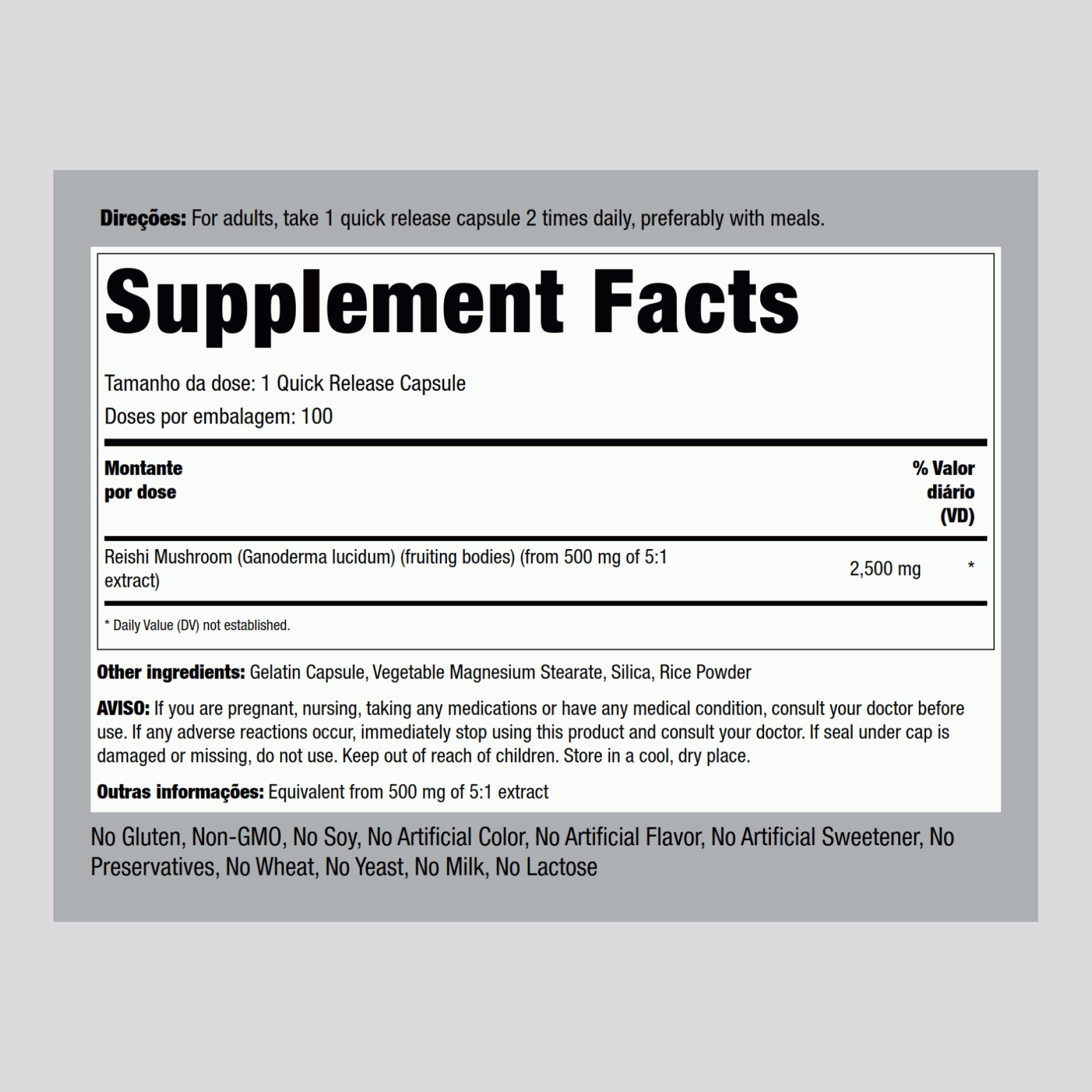 Extrato de cogumelos Reishi (normalizado) 2500 mg 100 Cápsulas de Rápida Absorção     