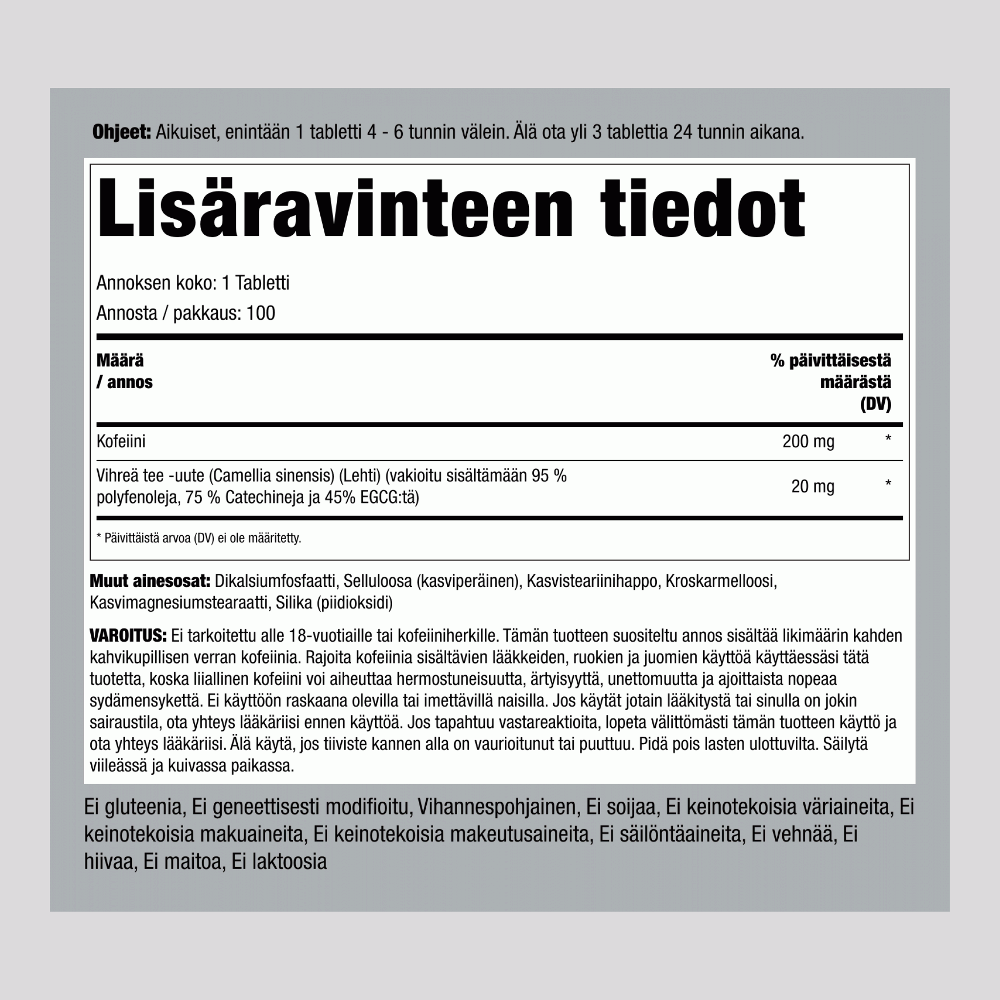 Kofeiini Plus Vihreä Tee, 220 mg, 100 Tablettia