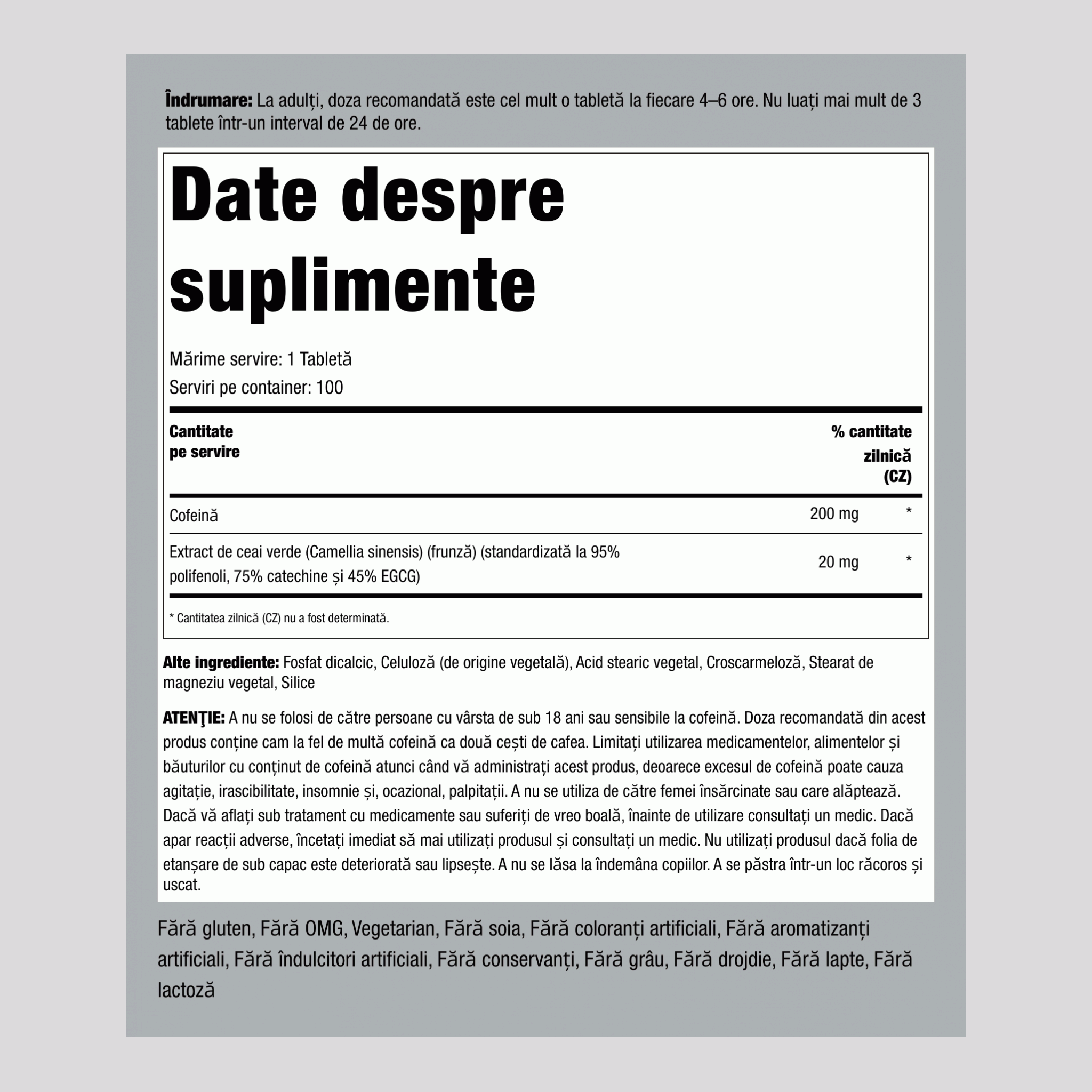 Cofeină Plus Ceai Verde, 220 mg, 100 Tablete