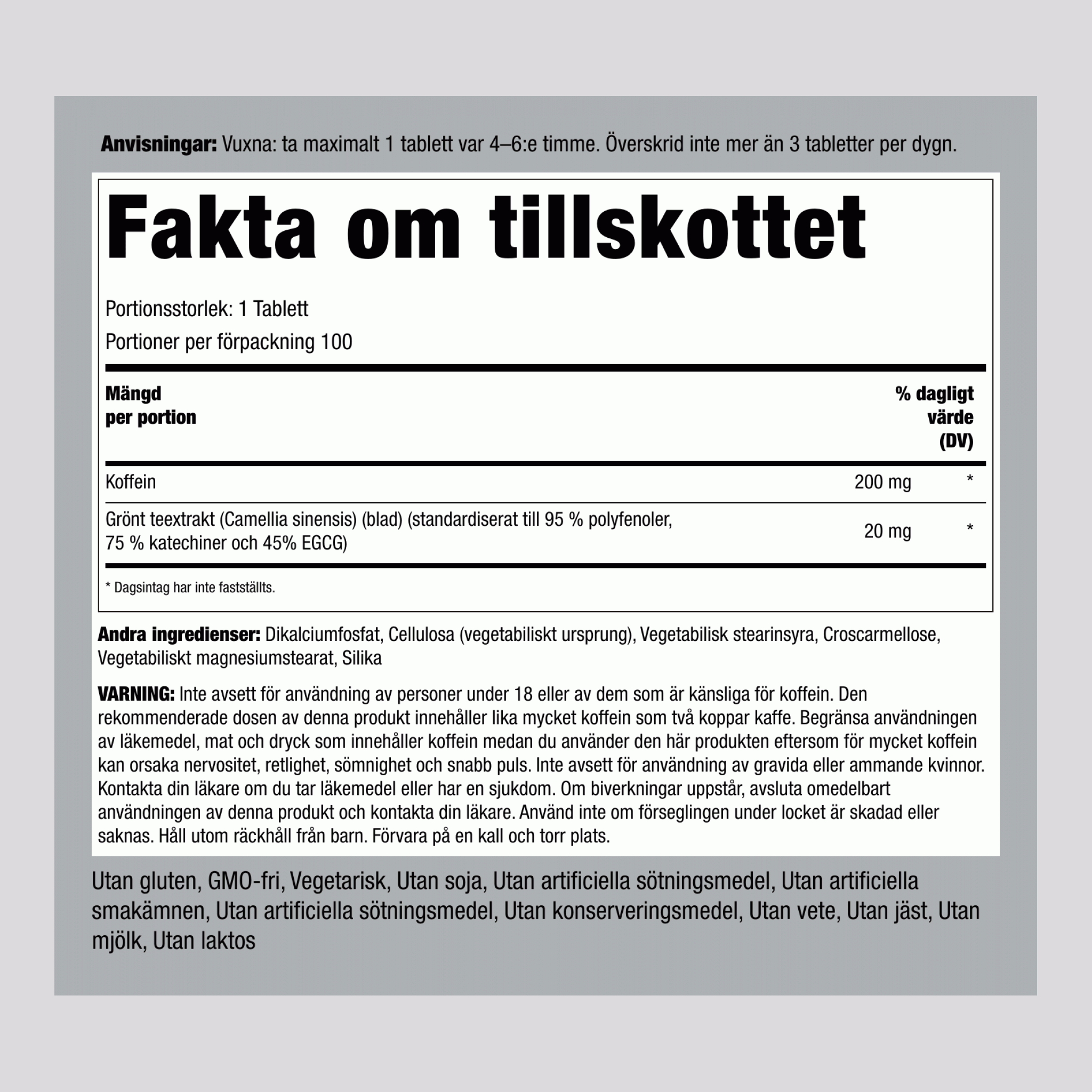 Koffein Plus Grönt Te, 220 mg, 100 Tabletter