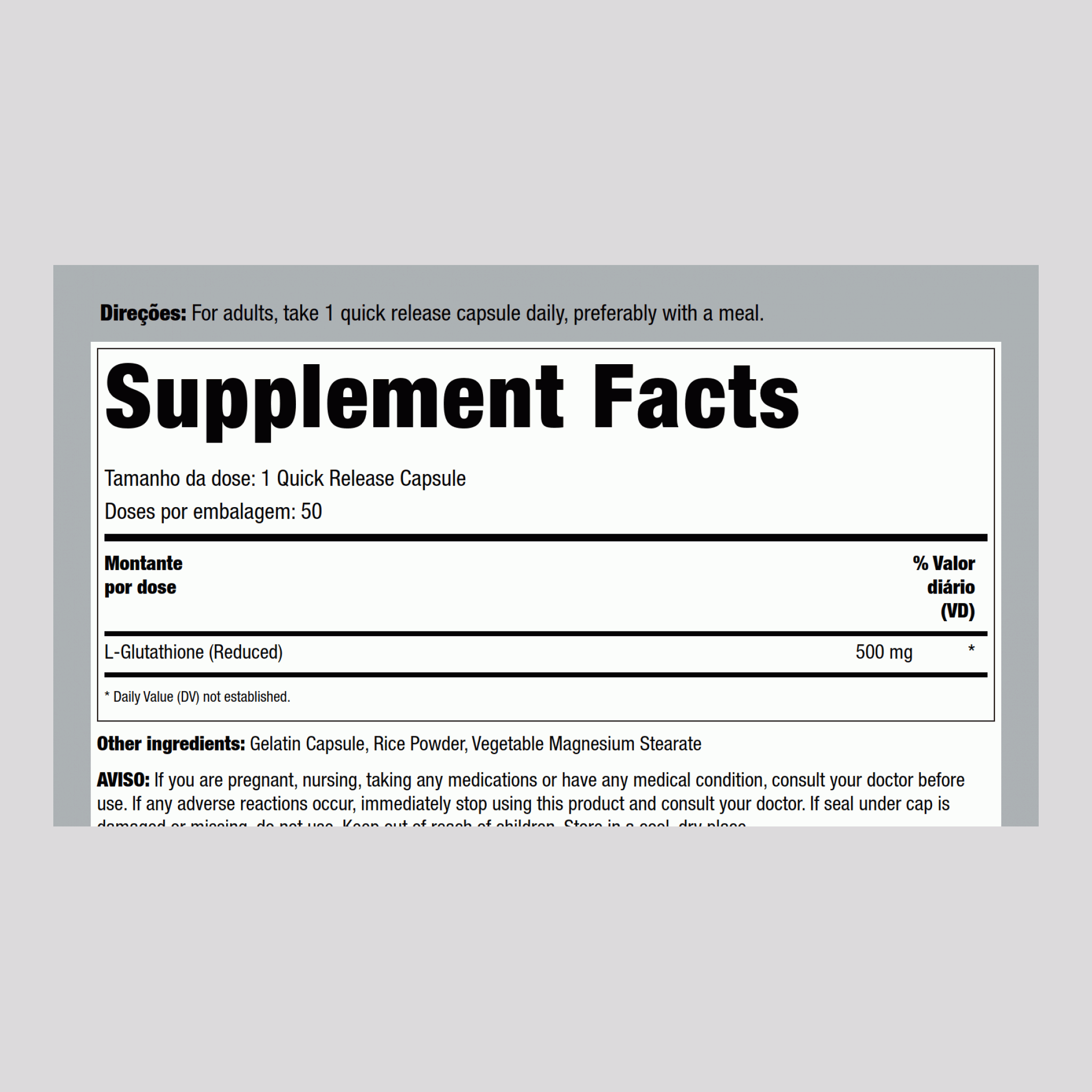 L-glutatião (redução) 500 mg 50 Cápsulas de Rápida Absorção     