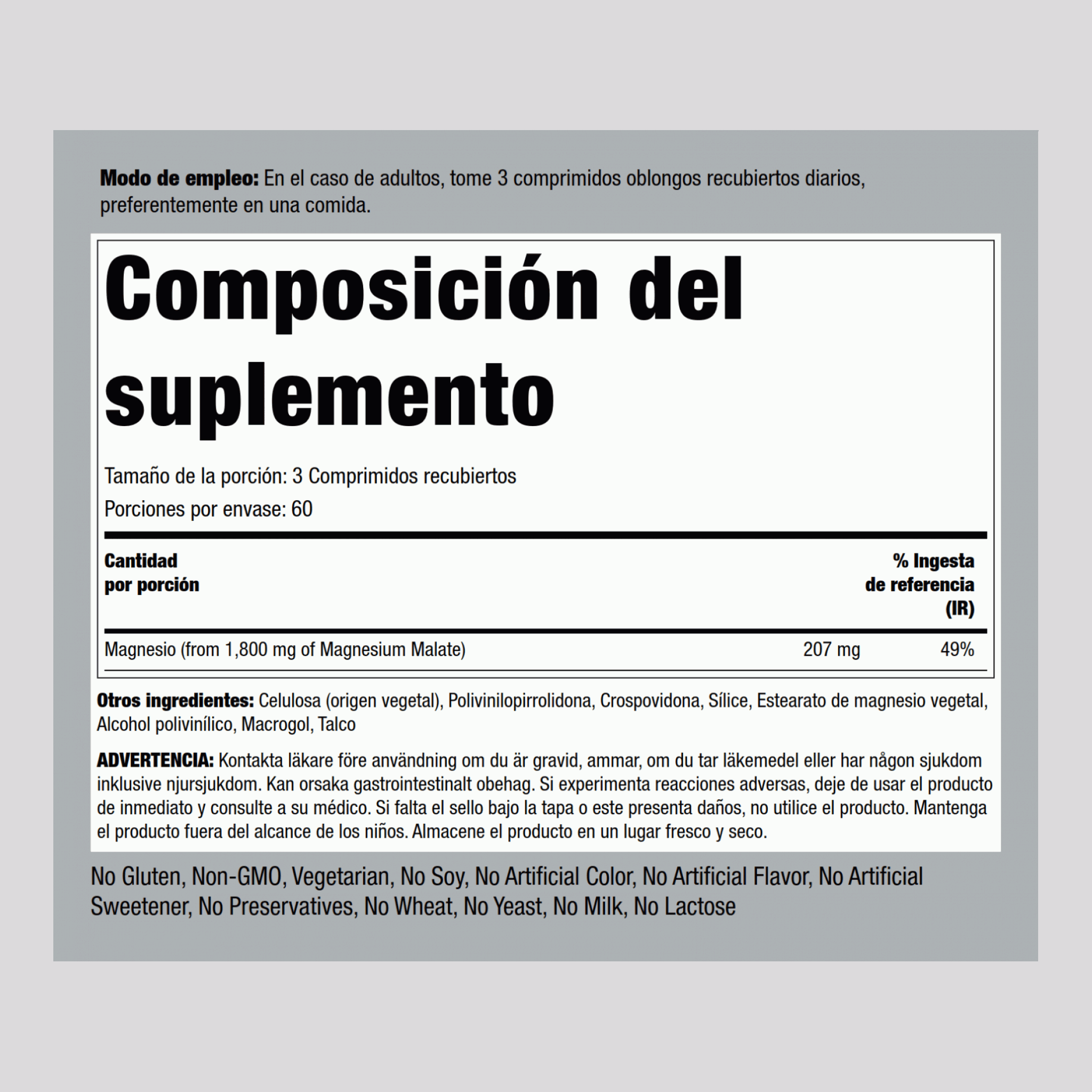 Malato de magnesio 1415 mg (por porción) 180 Comprimidos recubiertos     