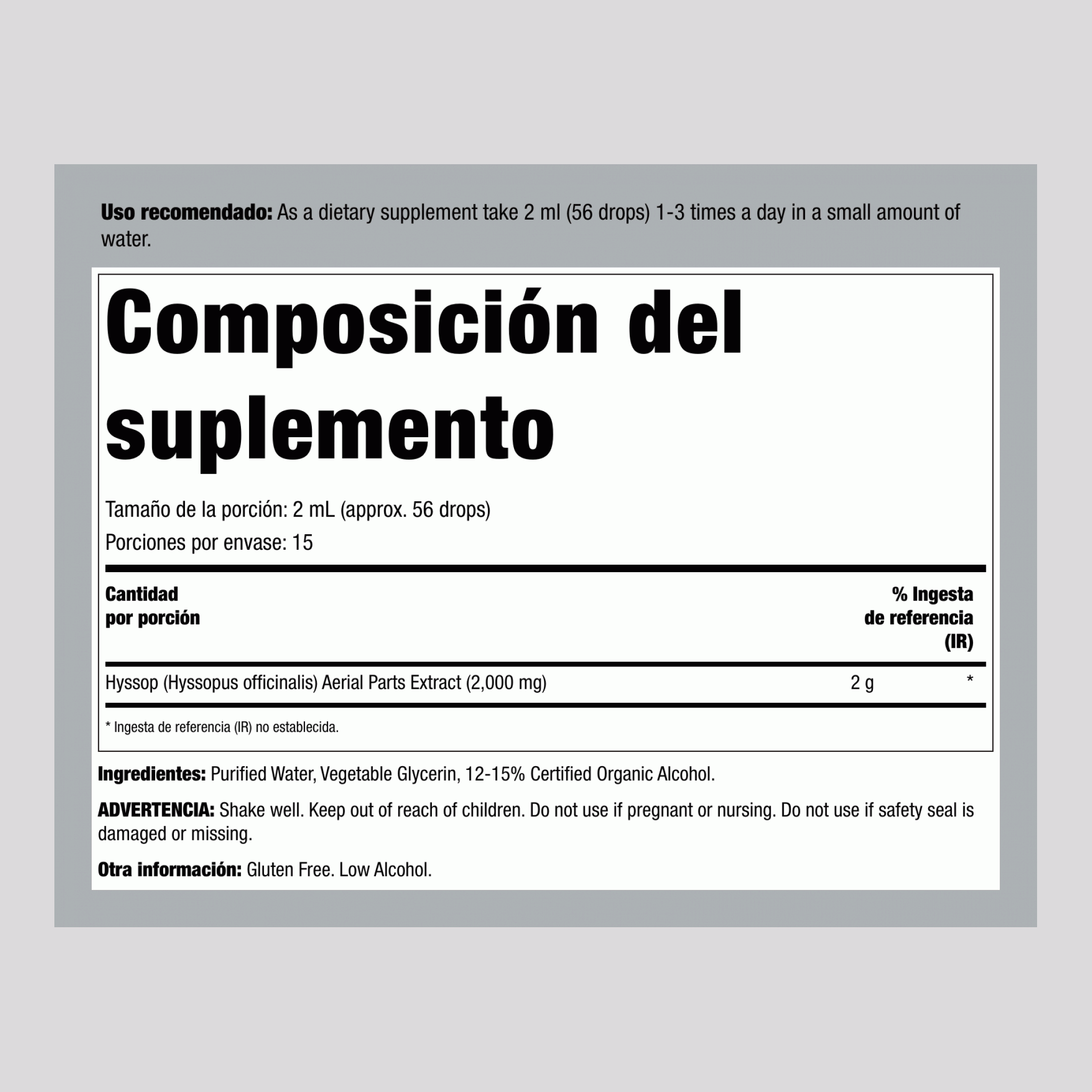 Extracto líquido de hisopo 1 fl oz 30 mL Frasco con dosificador    