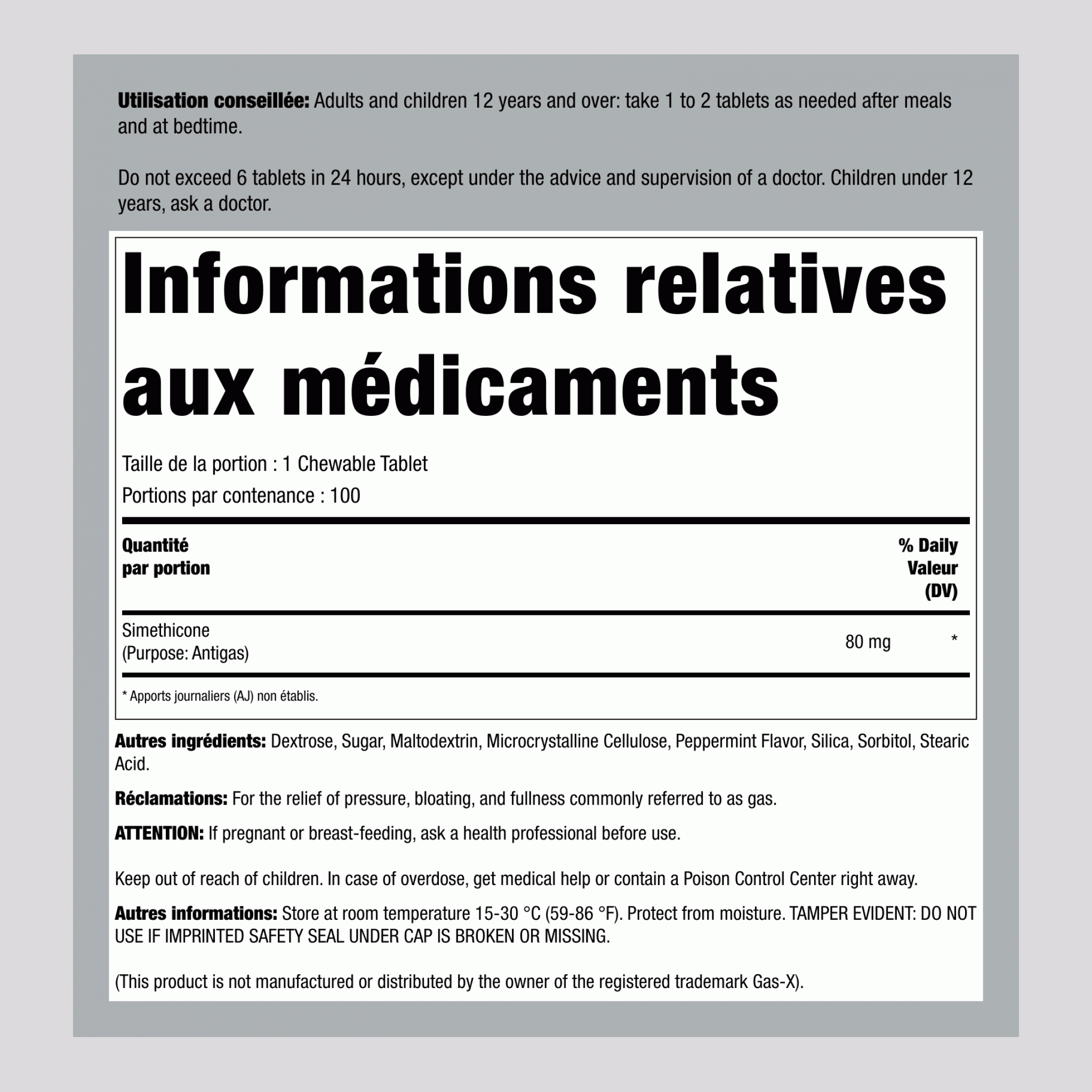 Soulagement de l'aérophagie 80 mg mâchable (Siméthicone) Comparé à Gas-X 100 Çeynənilən Tabletlər     