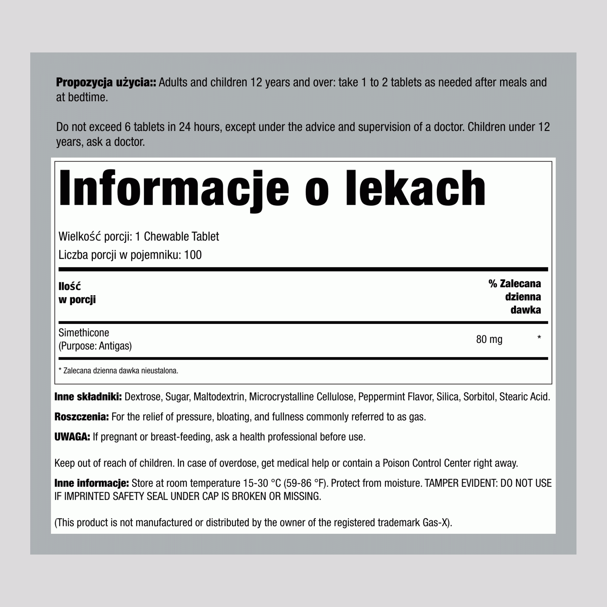 Ulga przy wzdęciach 80 mg, do żucia (Symetykon) Porównaj do Gas-X 100 Çeynənilən Tabletlər     