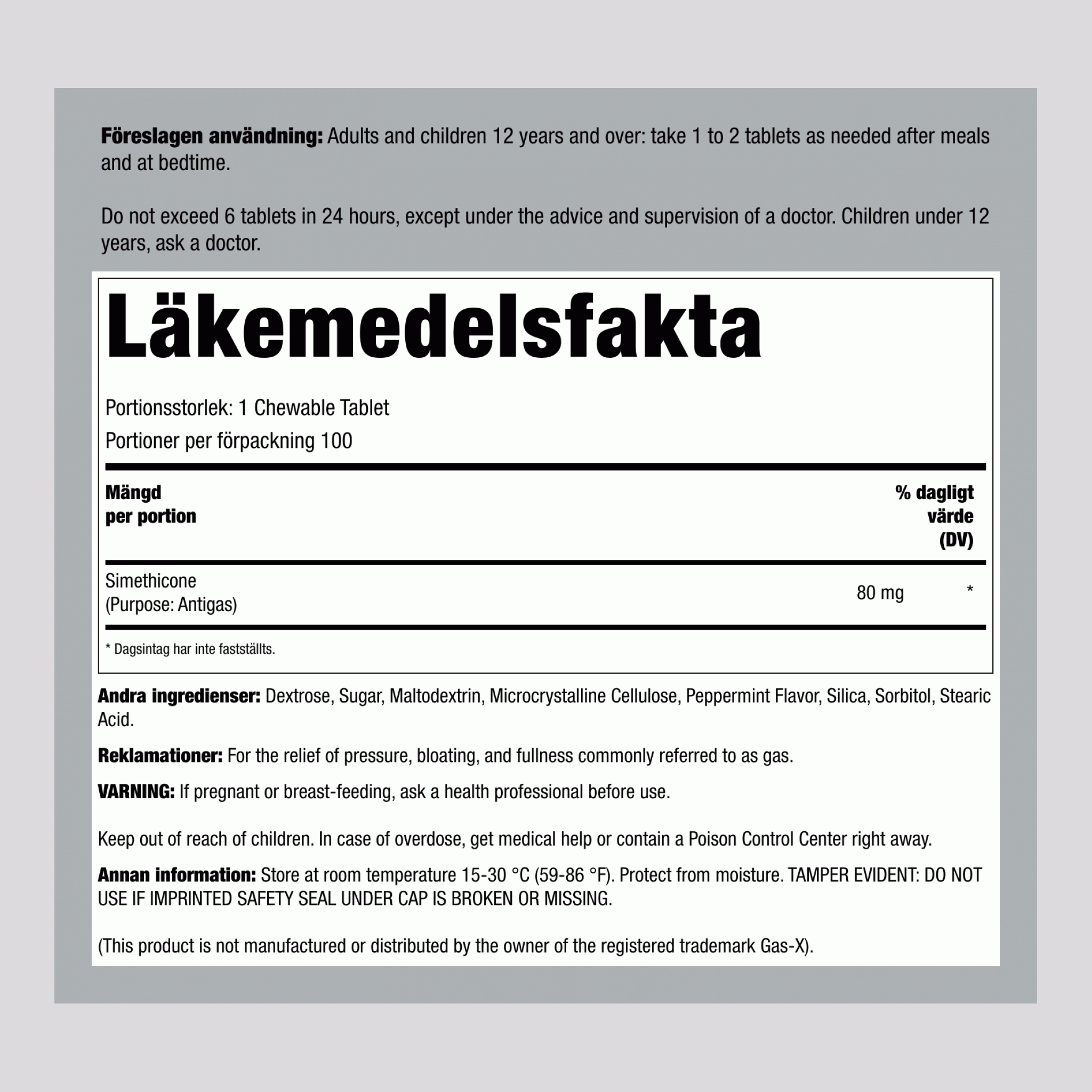 Tuggbart kosttillskott mot gaser 80 mg (Simetikon) Jämför med Gas-X 100 Çeynənilən Tabletlər     