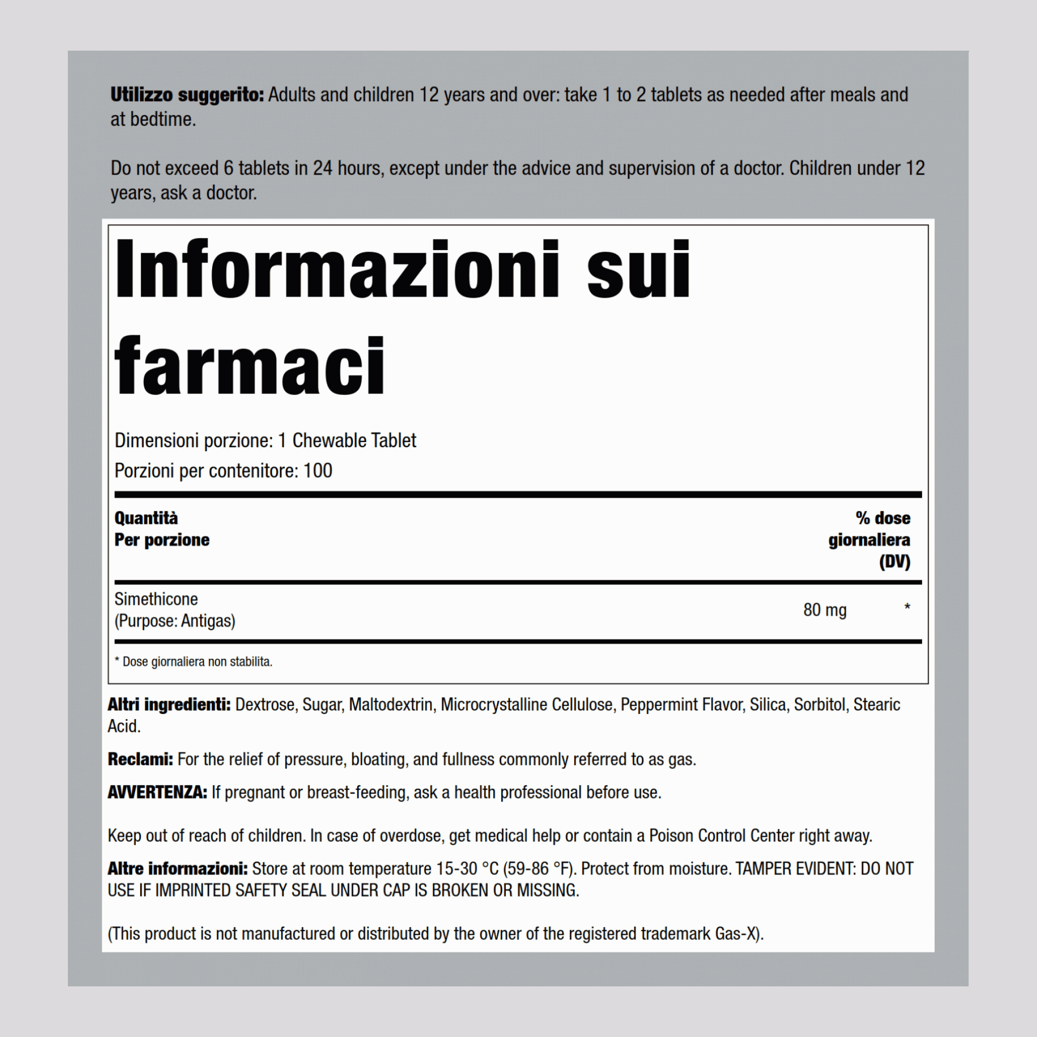 Eliminazione gas intestinali 80 mg masticabile (simeticone) Confrontare con Gas-X 100 Çeynənilən Tabletlər     