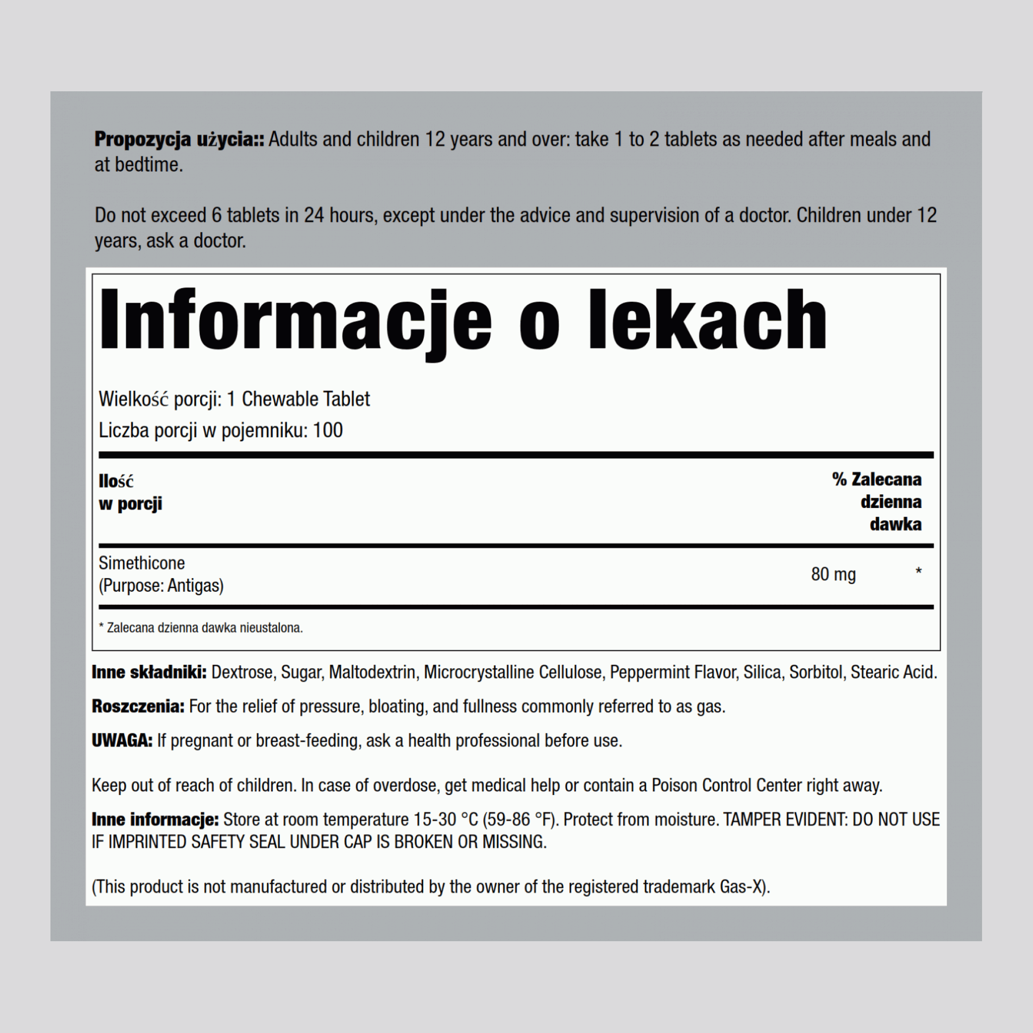 Ulga przy wzdęciach 80 mg, do żucia (Symetykon) Porównaj do Gas-X 100 Çeynənilən Tabletlər     