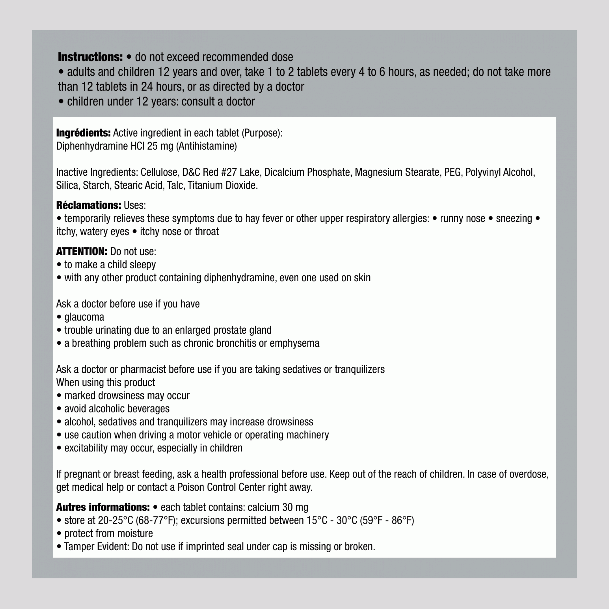 Diphenhydramine HCl antihistaminique 25 mg (soulage les allergies) Comparé à Benadryl 100 Tabletlər     