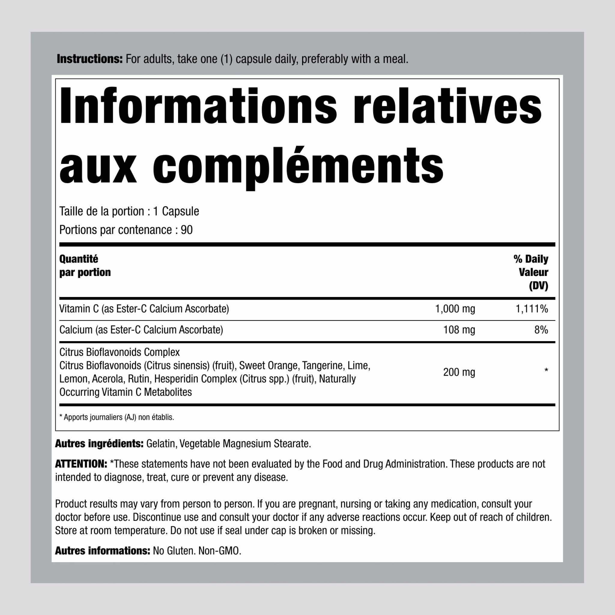 Ester C avec bioflavonoïdes d'agrumes 1000 mg 90 Gélules     